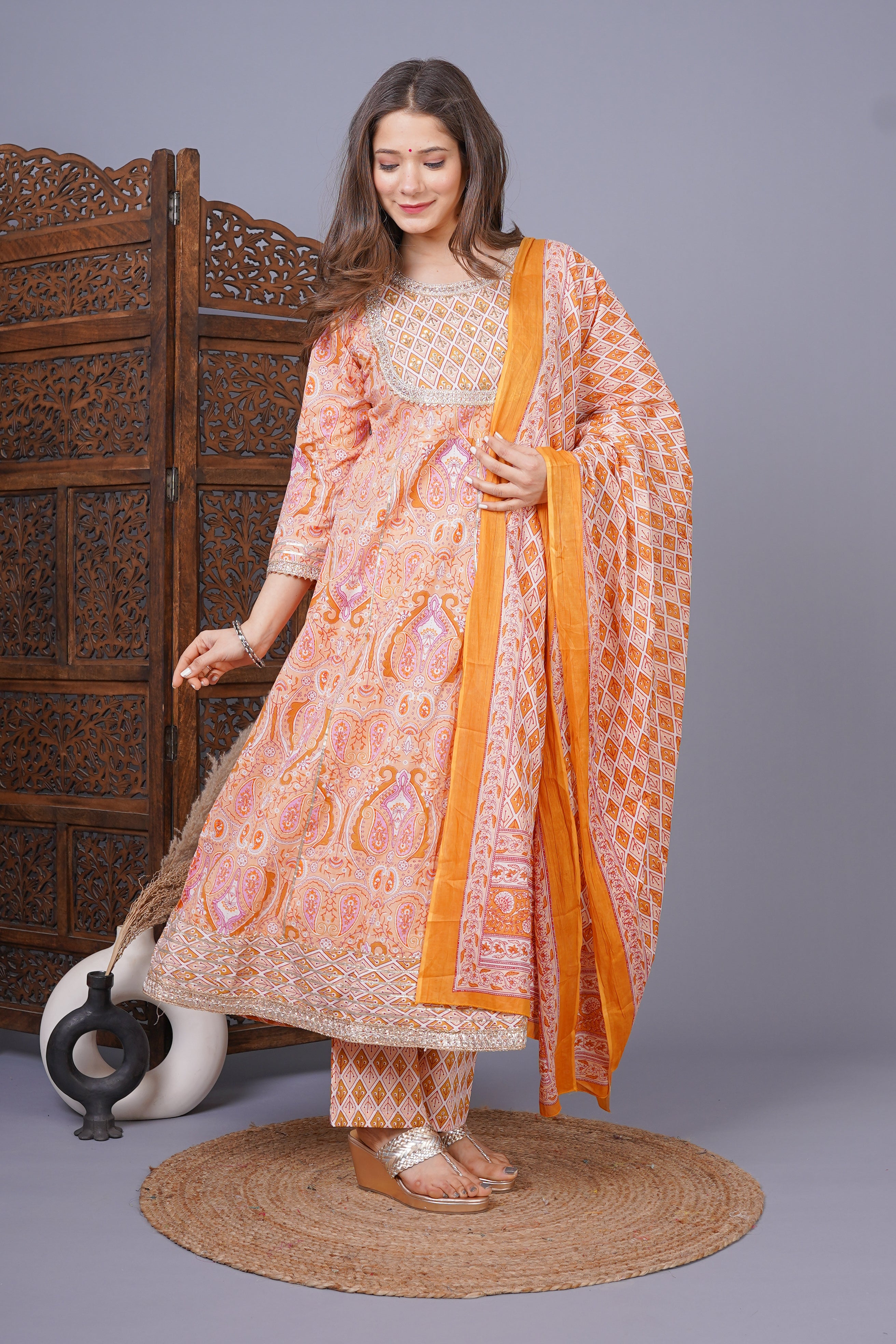 MEERA FAB Women's Cotton Printed Anarkali Kurta With Palazzo & Dupatta Set With Handwork