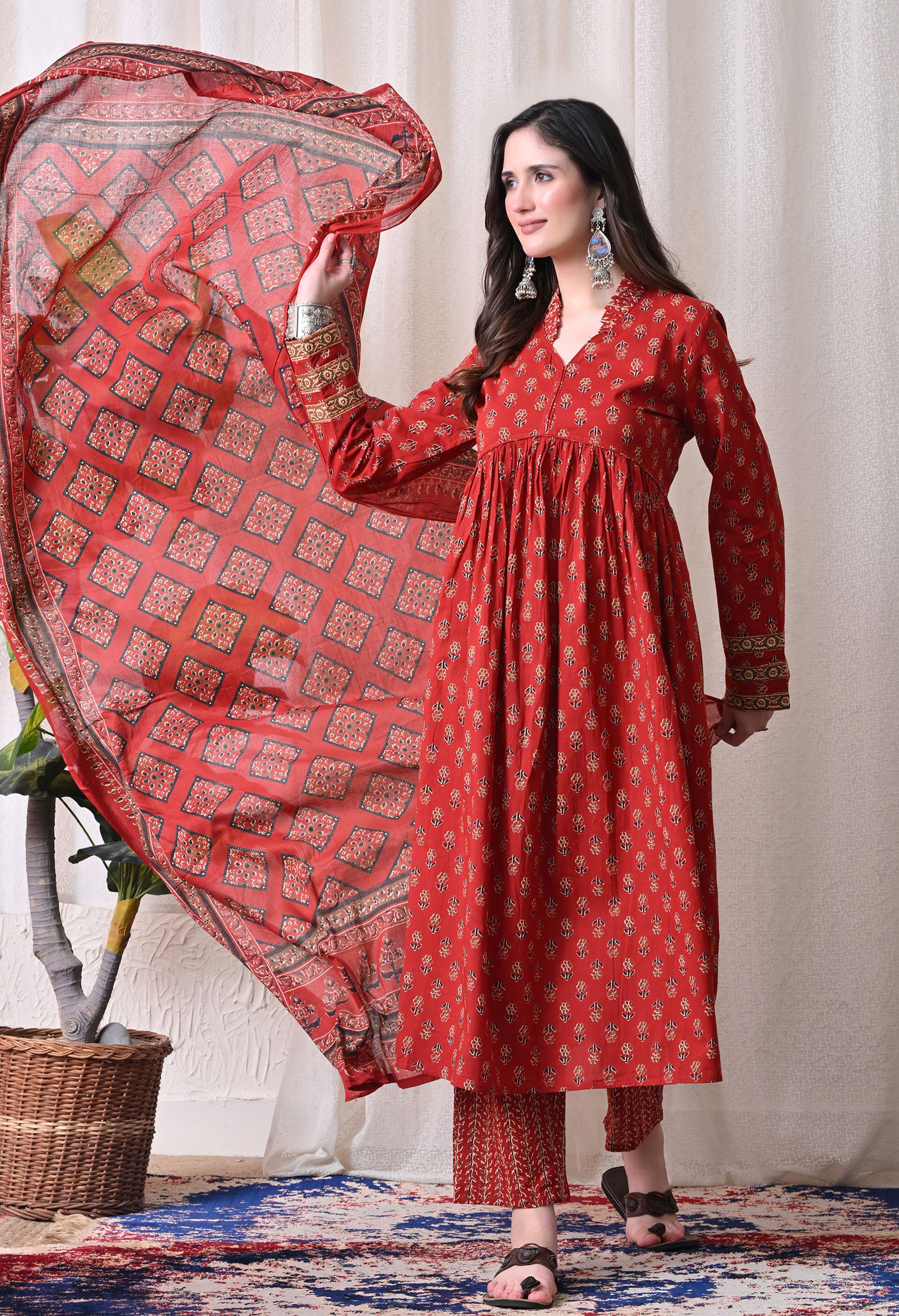 MEERA FAB Women Printed Regular Pure Cotton Anarkali Kurta with Palazzos & with Dupatta