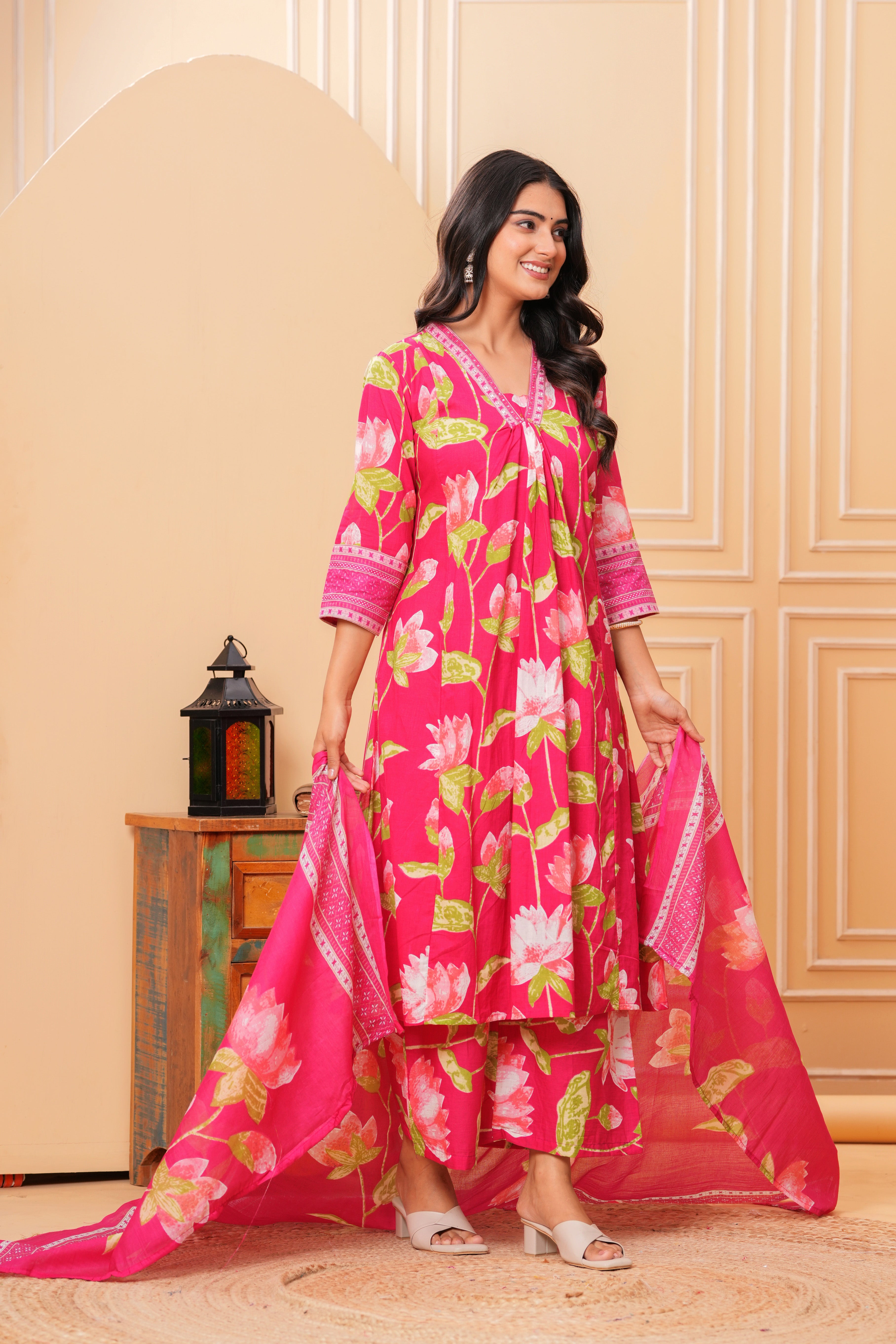 MEERA FAB Women's Pure Cotton Printed A-Line Kurta Set with Palazzo Pants & Dupatta