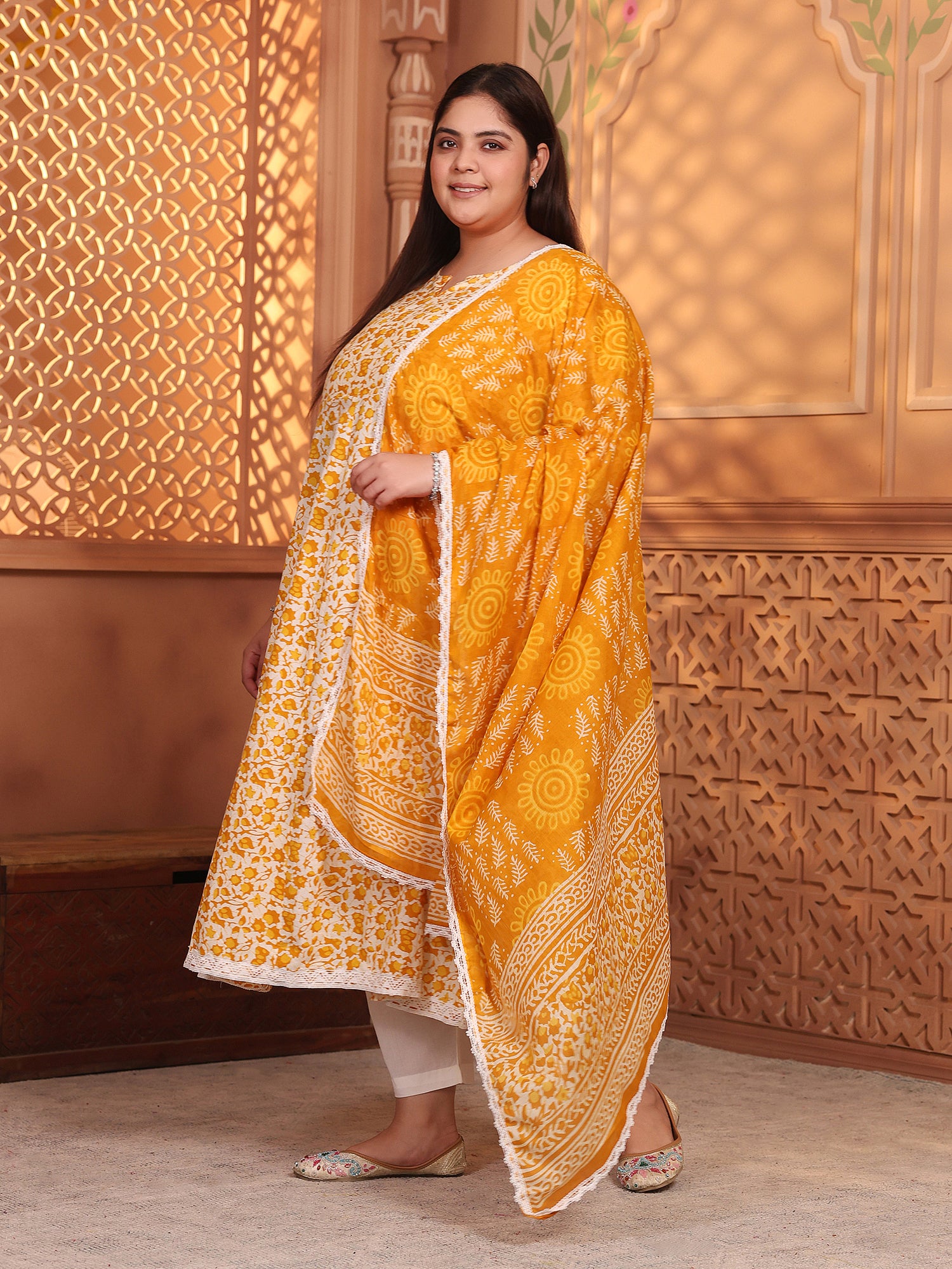 MEERA FAB Women's Pure Cotton Printed Anarkali Kurta with Palazzos & Dupatta
