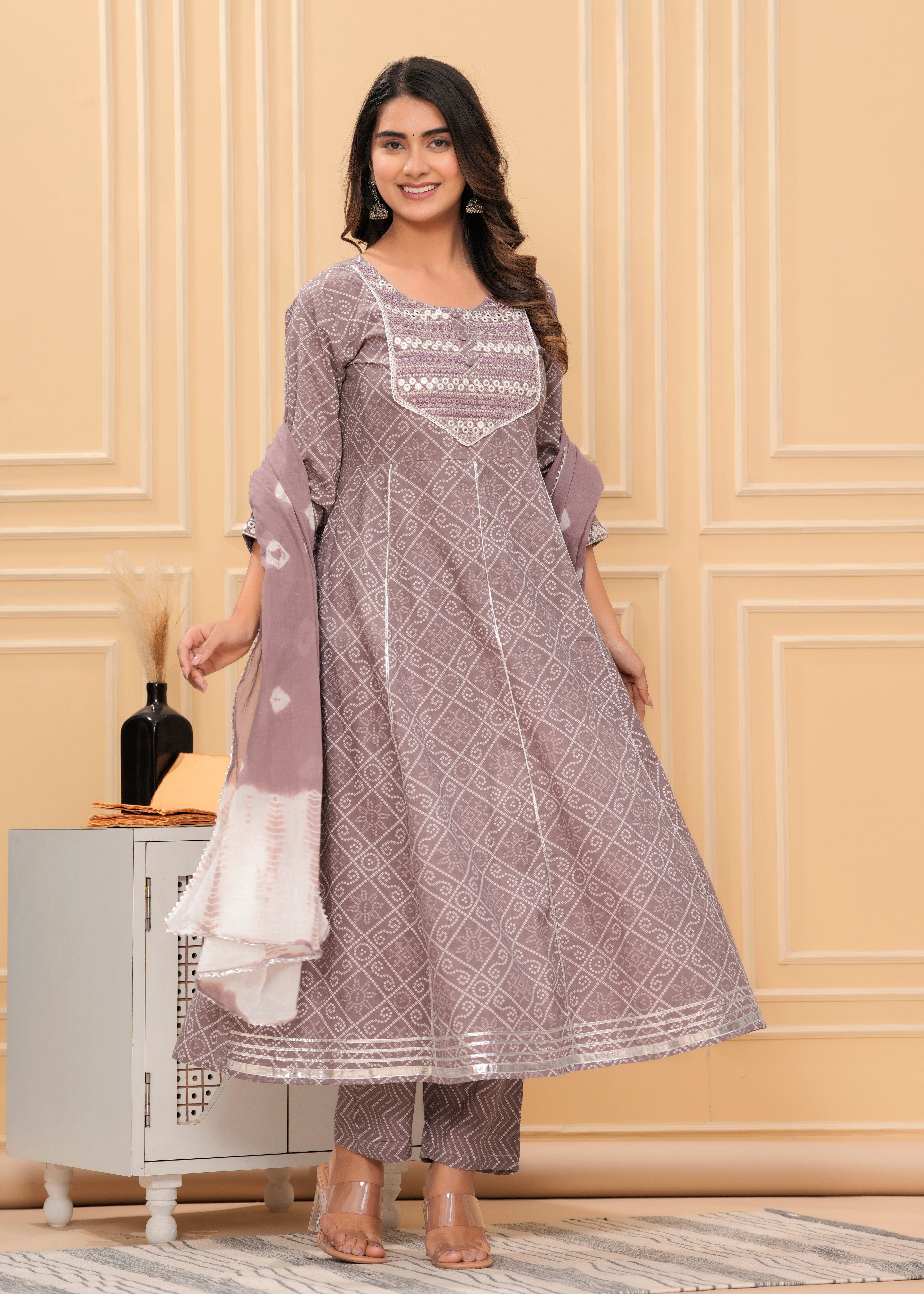 MEERA FAB Women's Cotton Printed Pink Anarkali Kurta with Palazzo & Dupatta Set