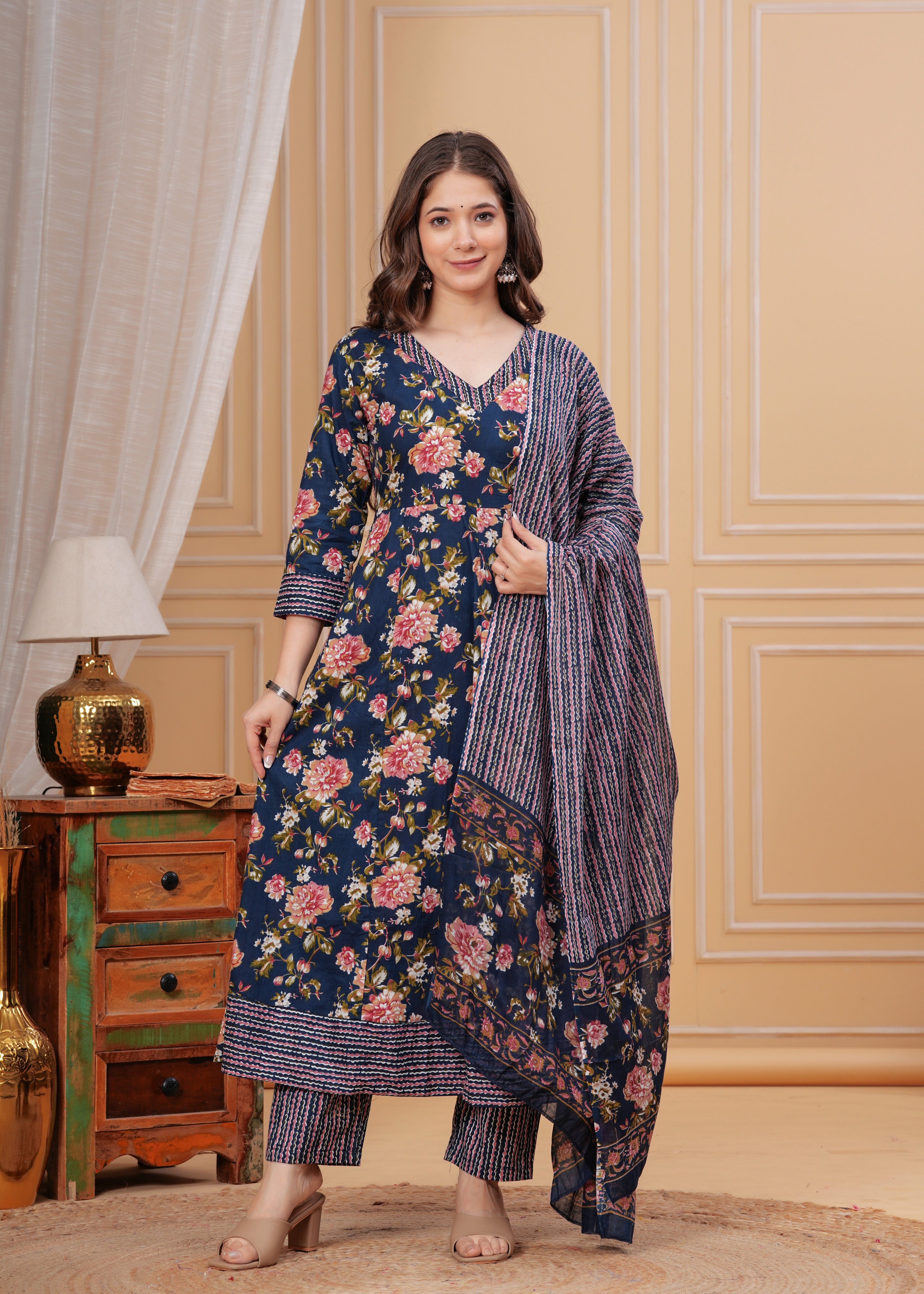 MEERA FAB Women's Pure Cotton V-Neck Anarkali Printed Kurta with Palazzo and Dupatta