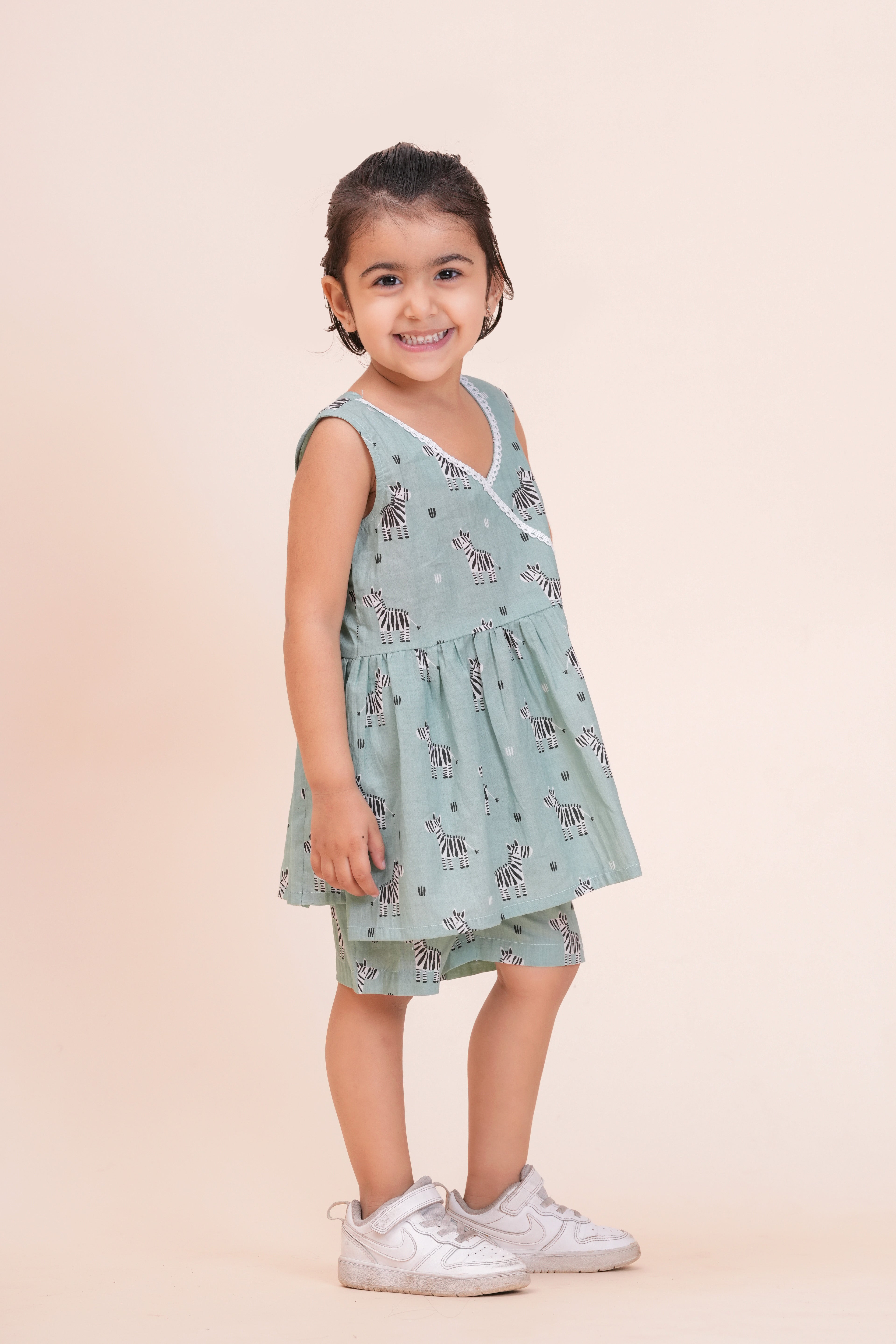 Girls Pure Cotton Printed Top and Shorts Set | Sleeveless V-Neck Summer Co-Ord Outfit for Toddlers and Girls | Soft Breathable Casual Wear