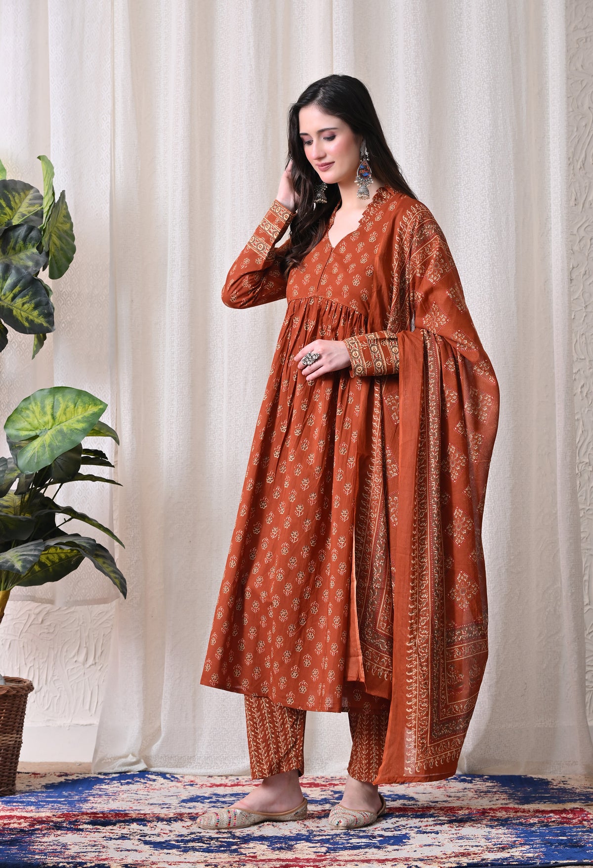 MEERA FAB Women Printed Regular Pure Cotton Anarkali Kurta with Palazzos & with Dupatta