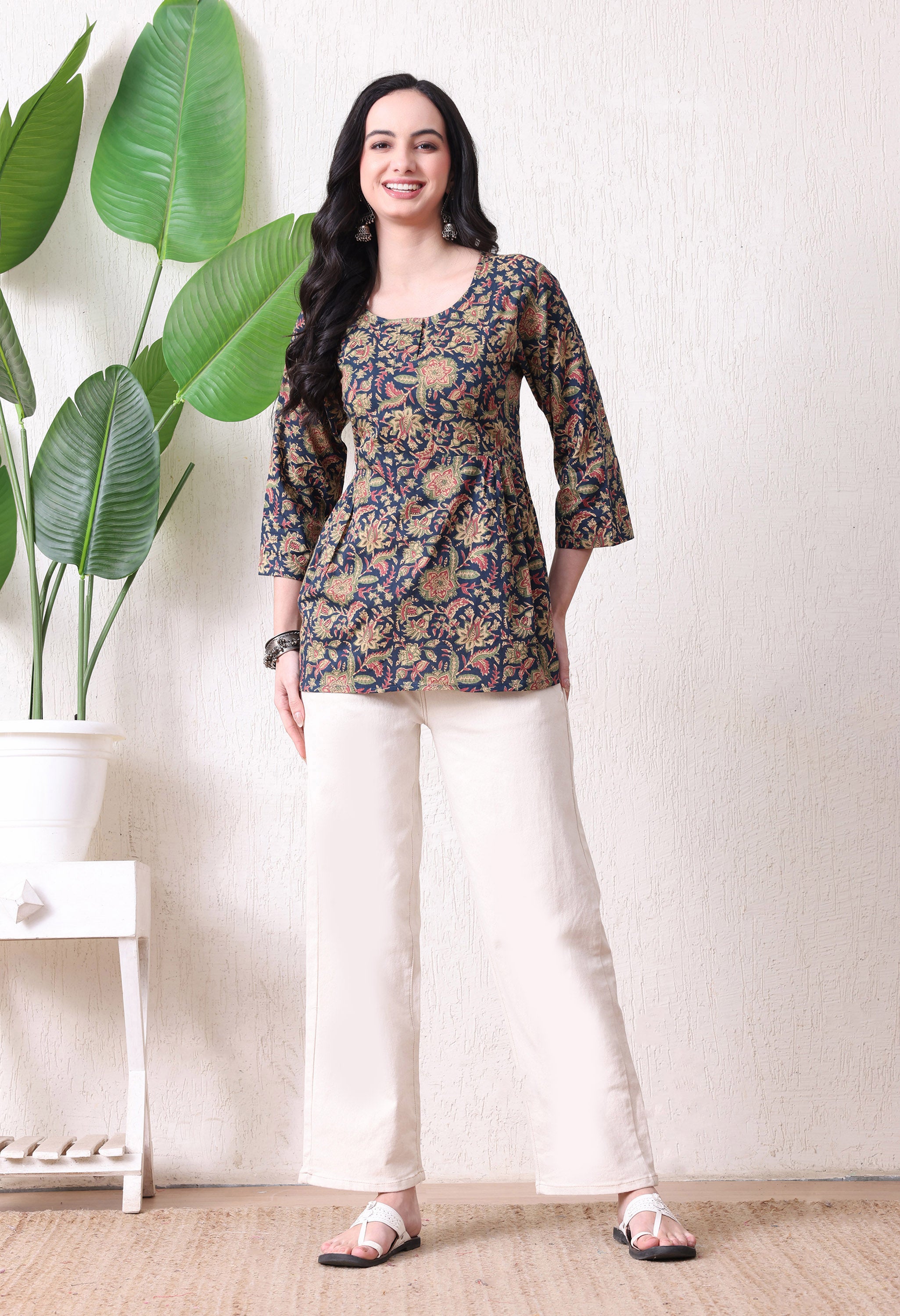 MEERA FAB Women's Floral Printed Cotton Short Kurta | Floral Printed Kurta with Quarter Sleeves | Short Kurti for Women