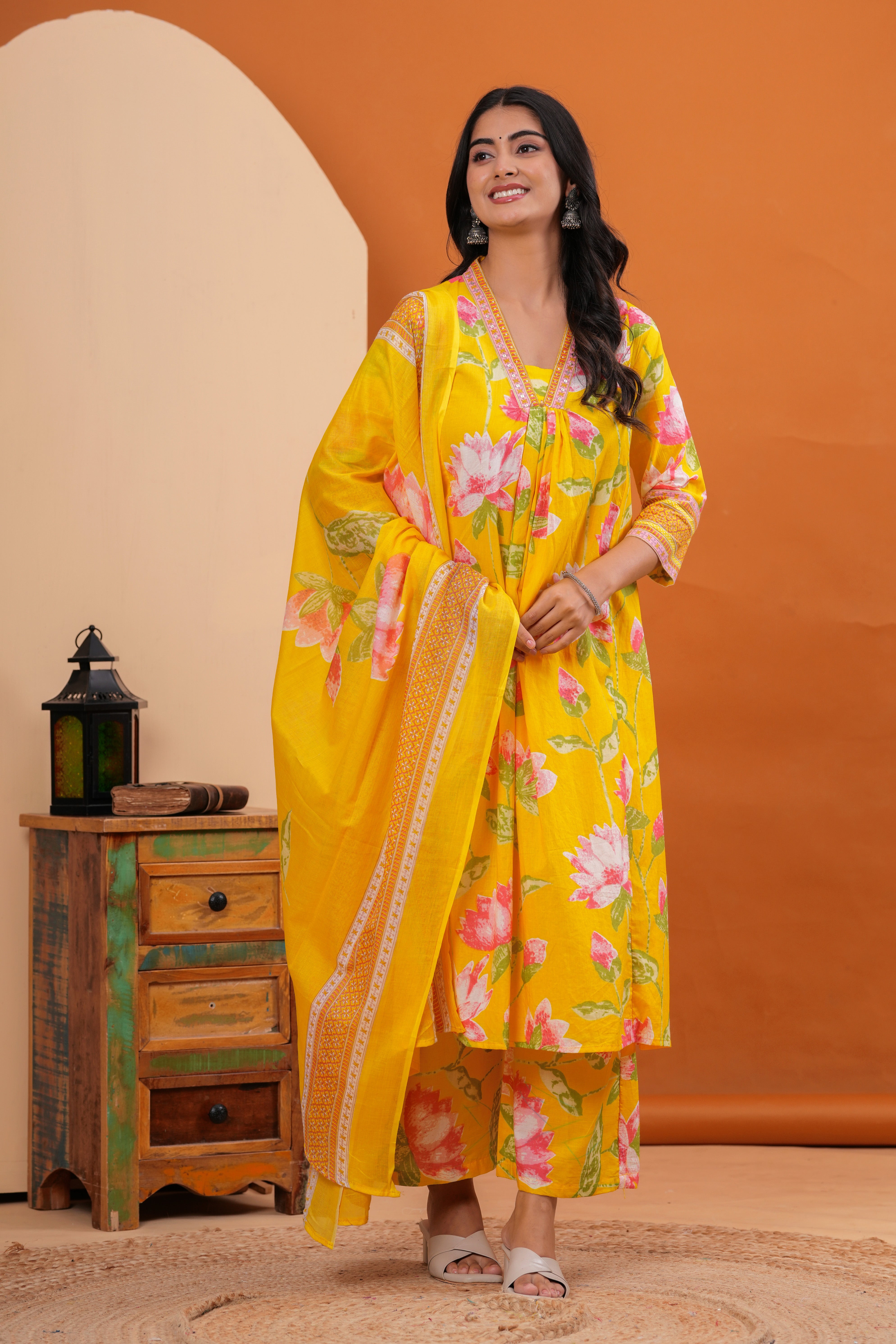 MEERA FAB Women's Pure Cotton Printed A-Line Kurta Set with Palazzo Pants & Dupatta