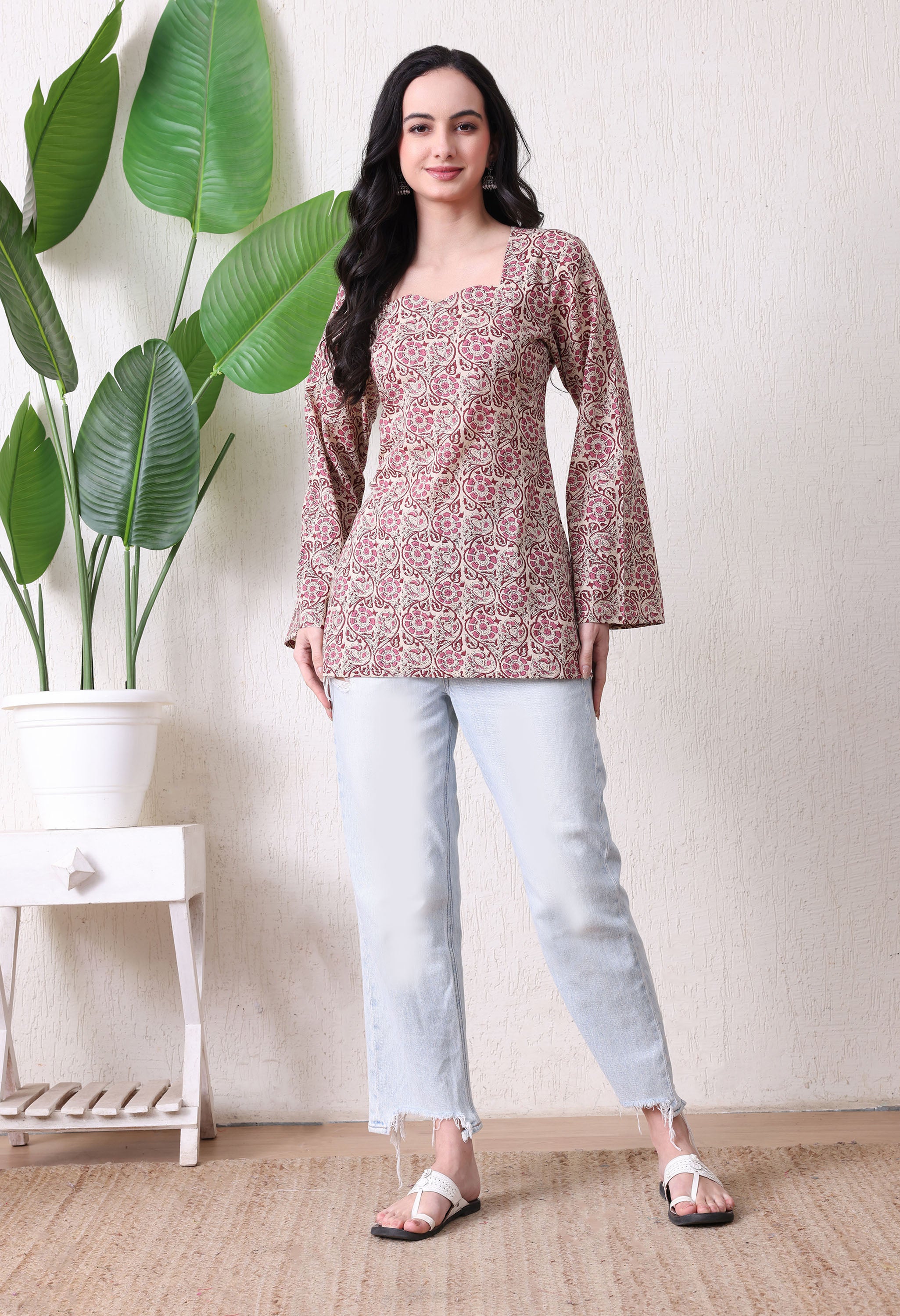 MEERA FAB Women's Floral Printed Cotton Short Top | Daabu Printed Kurta with Full Sleeves | Short Kurti for Women