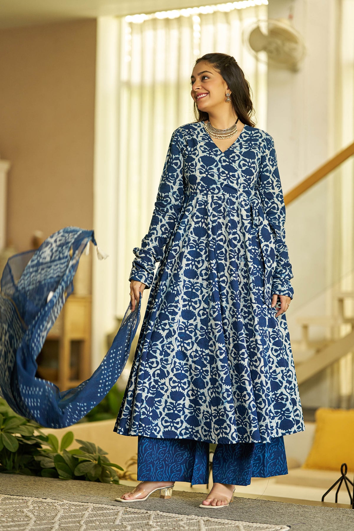 MEERA FAB Women Blue Printed Regular Pure Cotton Anarkali Kurta with Palazzos & with Dupatta