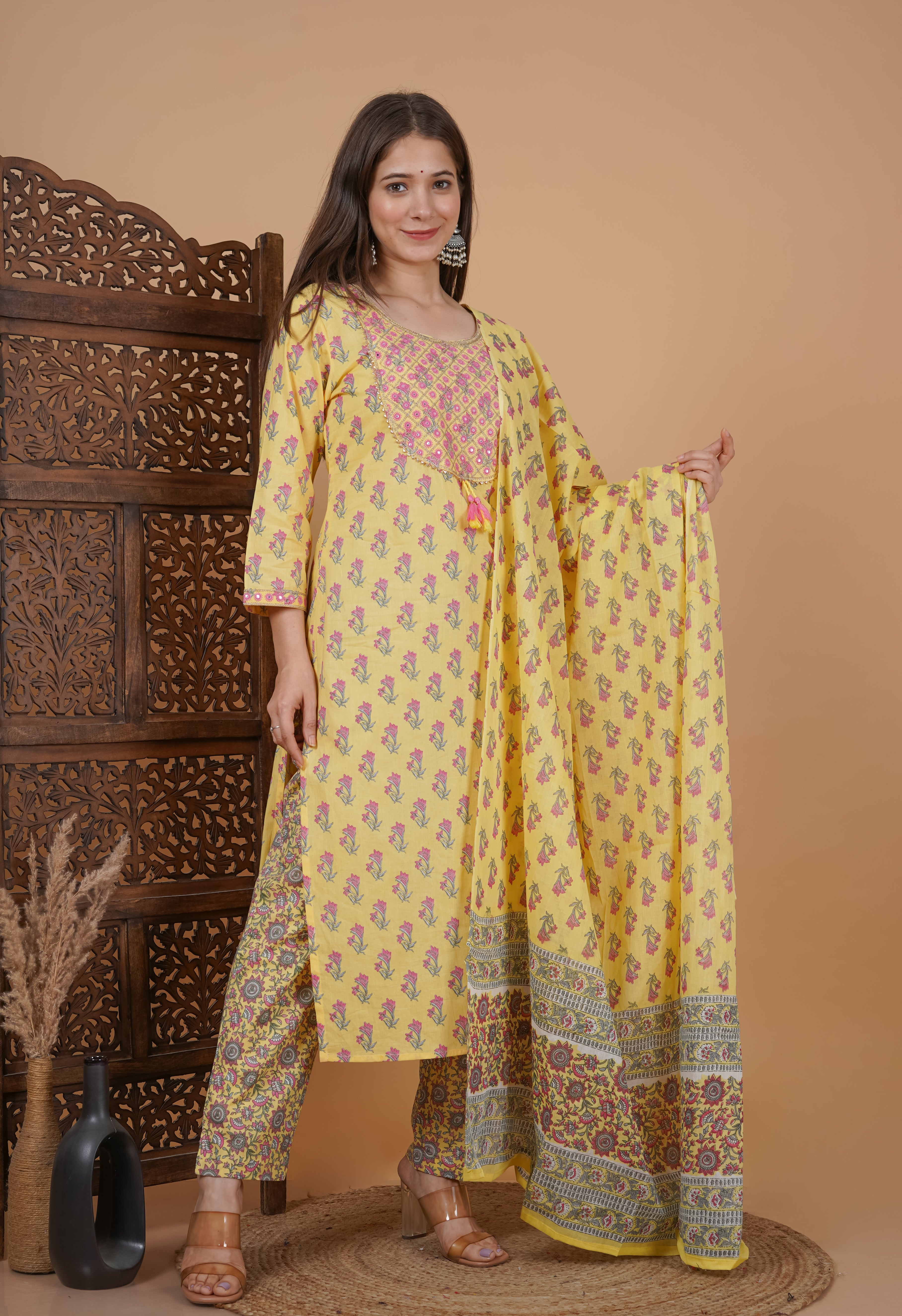 MEERA FAB Women's Cotton Printed Straight Embroidery Kurta with Palazzo & Dupatta Set