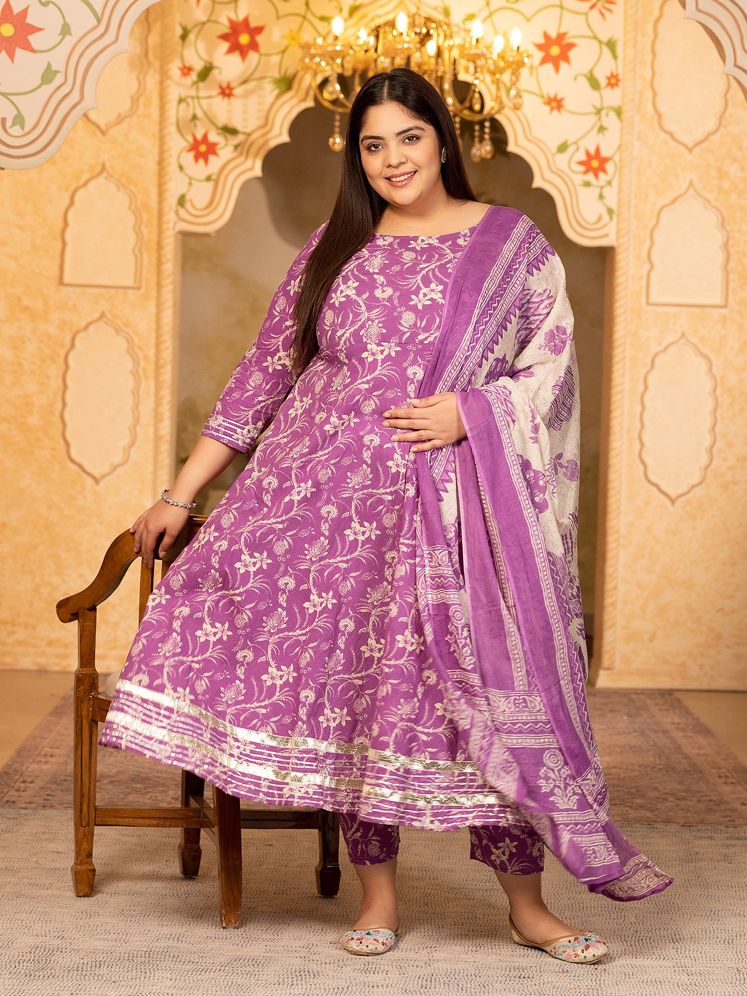 MEERA FAB Plus Size Women's Cotton Printed Anarkali Kurta with Palazzo & Dupatta Set with Dori