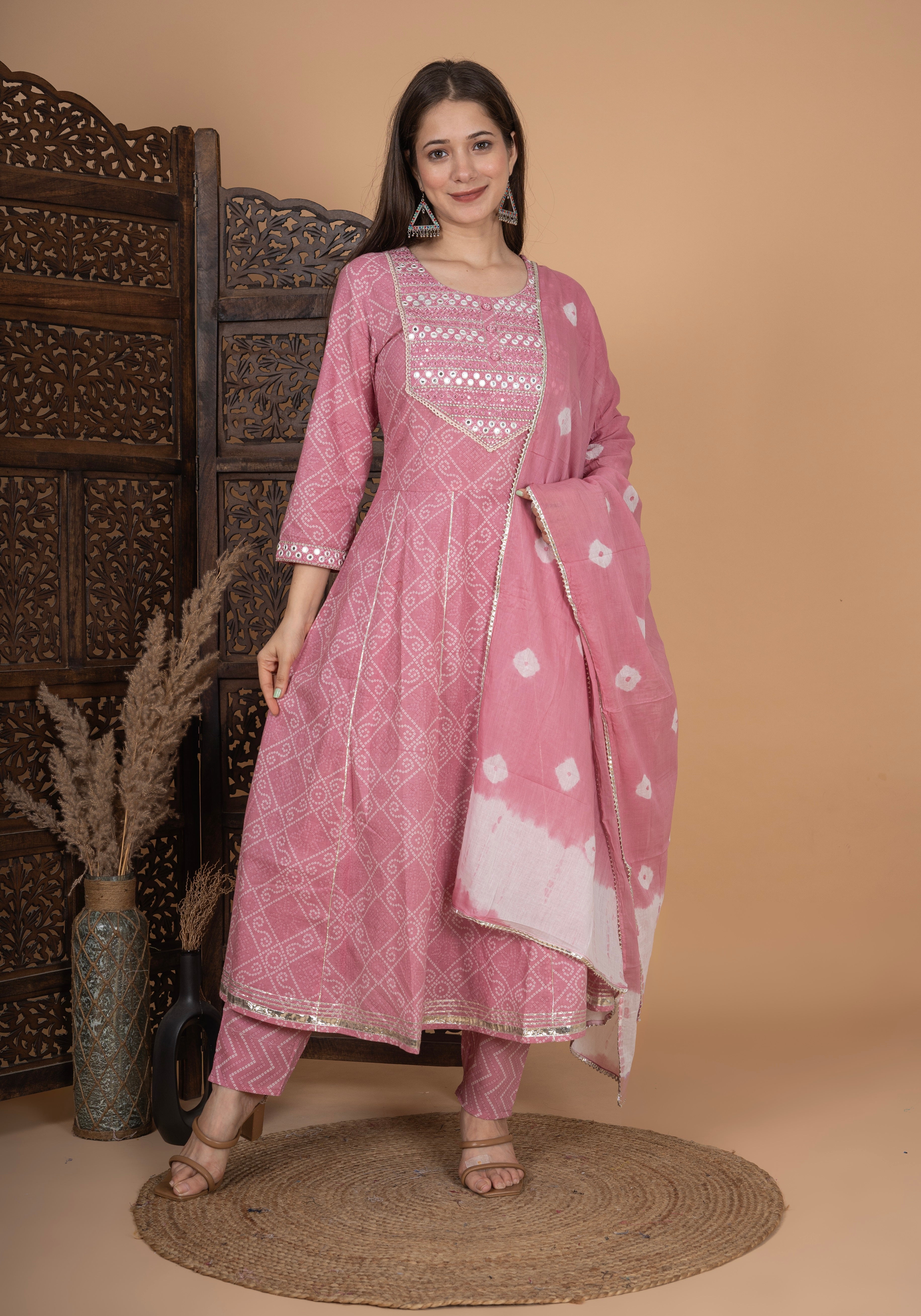 MEERA FAB Women's Cotton Printed Pink Anarkali Kurta with Palazzo & Dupatta Set