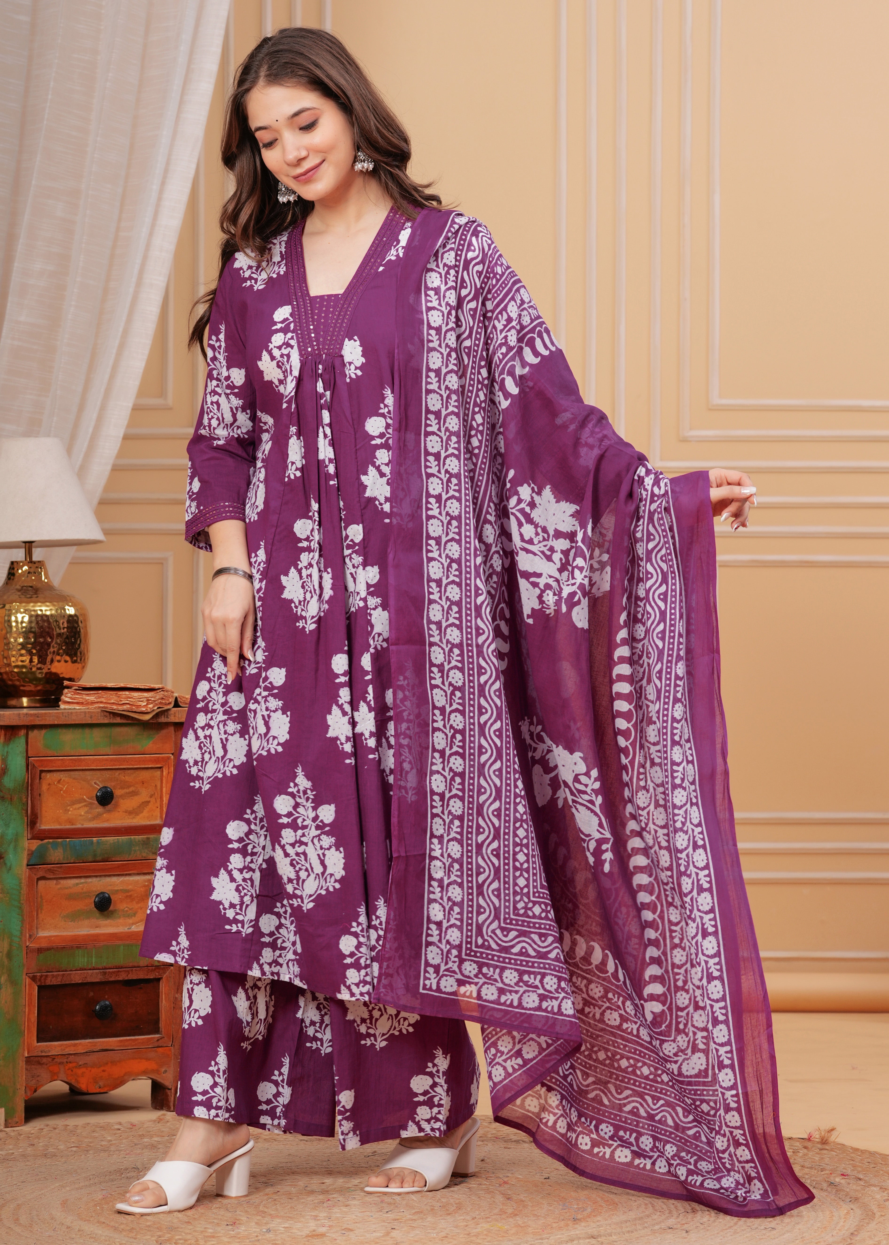 MEERA FAB Women's Cotton Blend V-Neck Anarkali Embrodriery Kurta with Palazzo & Dupatta