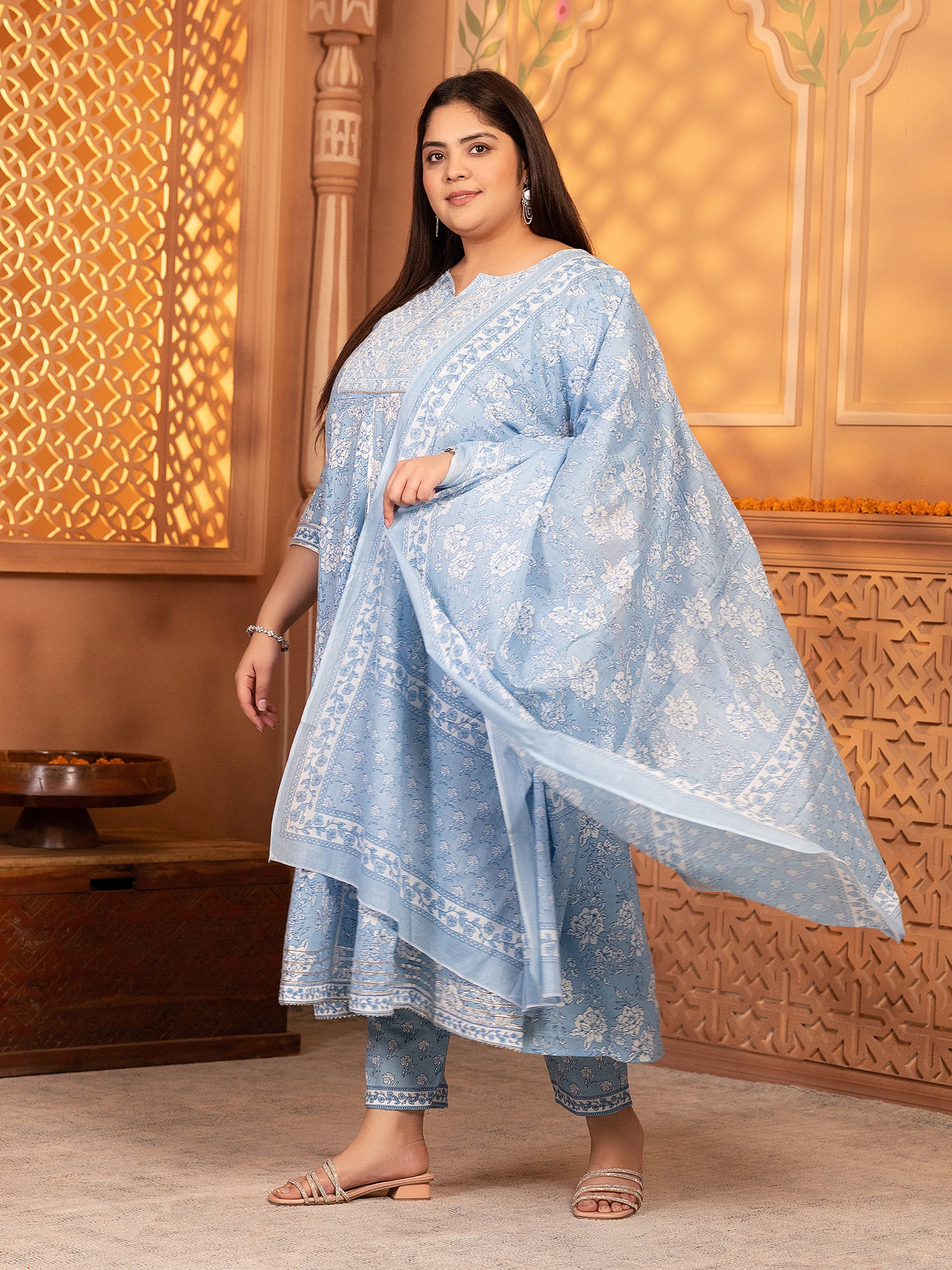 MEERA FAB Women's Pure Cotton Printed Anarkali Handwork Kurta with Palazzos & Dupatta