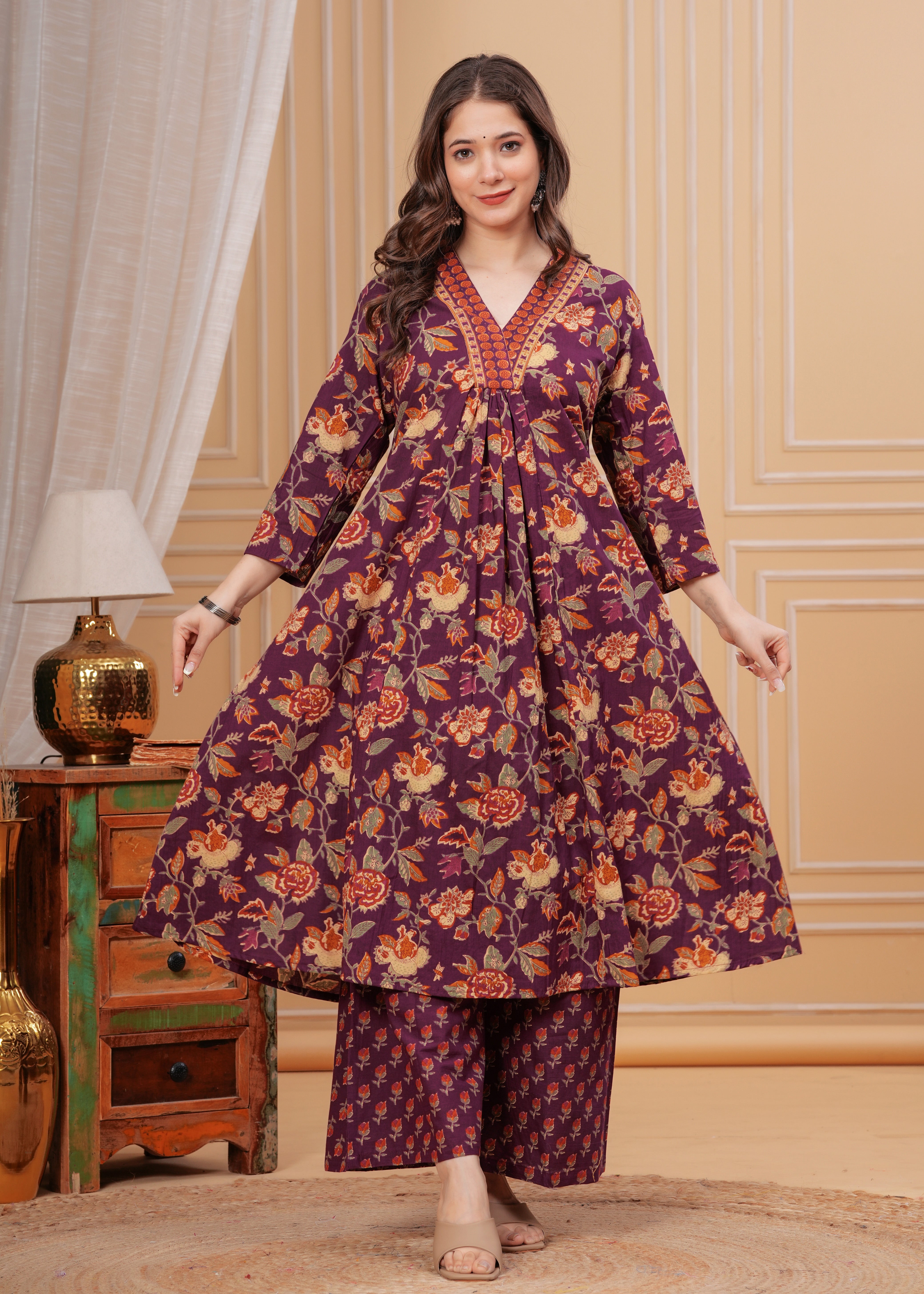 MEERA FAB Women's Cotton Blend Anarkali Printed Kurta with Palazzo & Dupatta