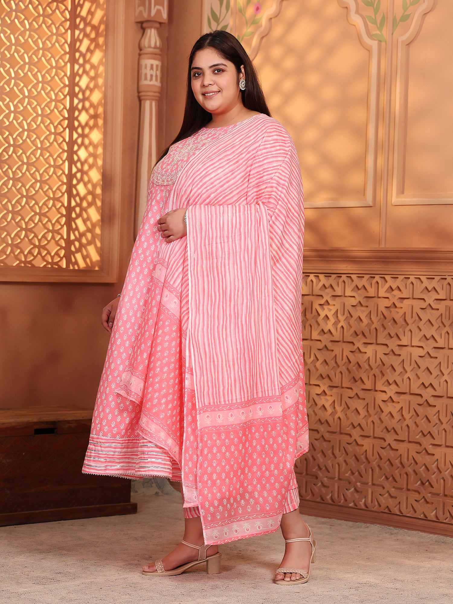 MEERA FAB Women's Pure Cotton Printed Anarkali Handwork Kurta with Palazzos & Dupatta