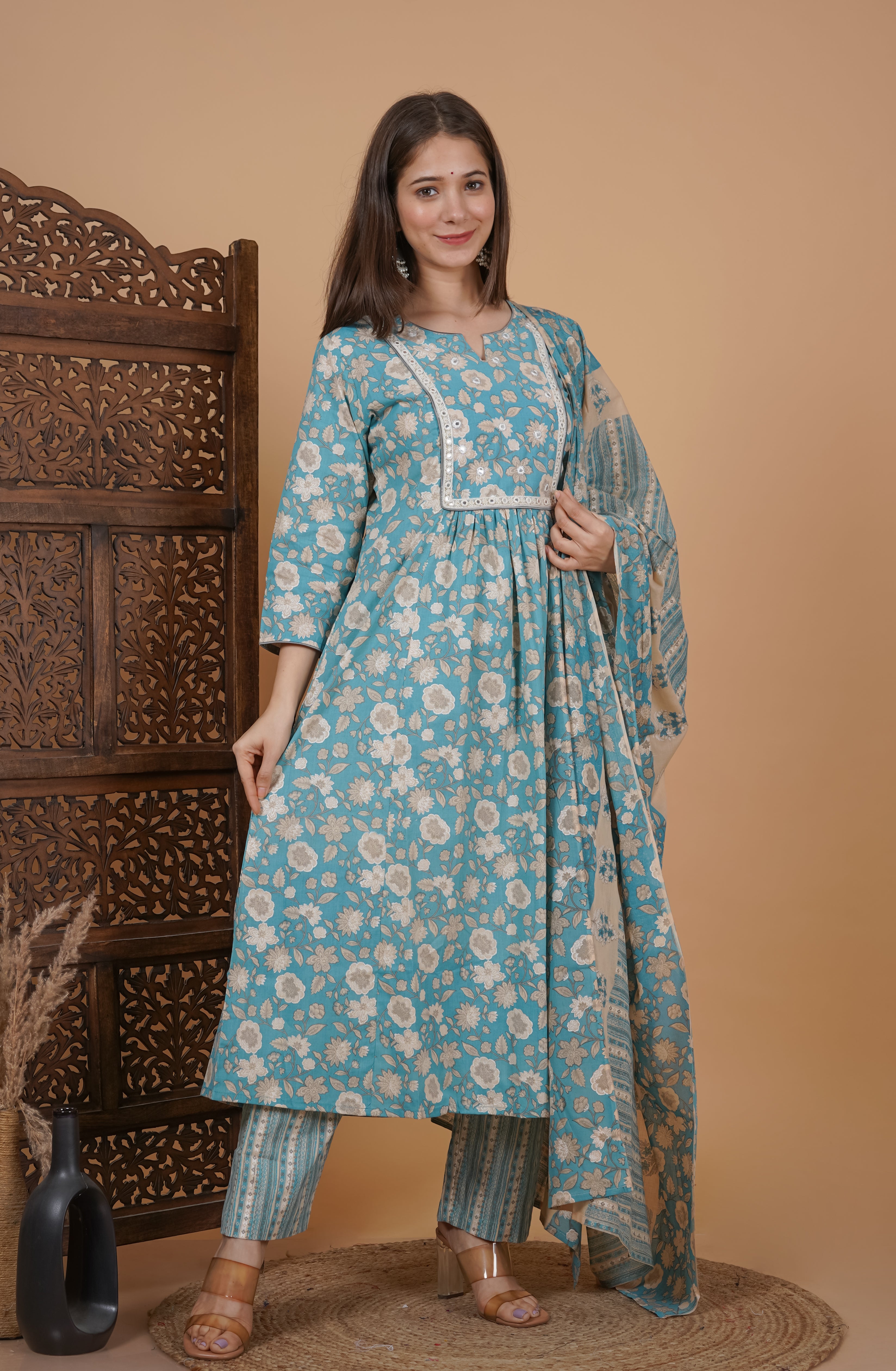 MEERA FAB Women's Cotton Printed Anarkali Kurta With Palazzo & Dupatta Set With Handwork