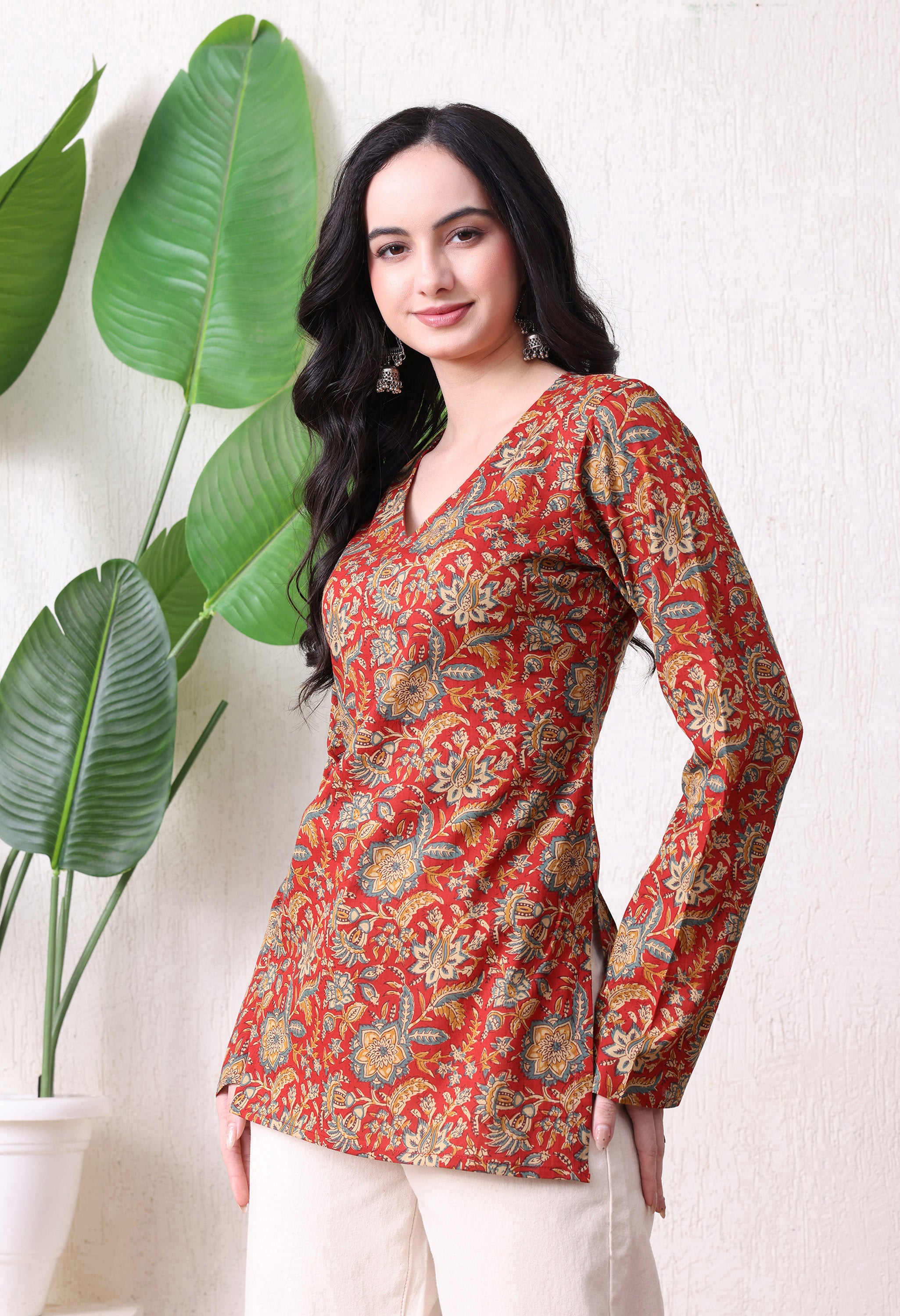 MEERA FAB Women's Floral Printed Cotton Short Kurta | Floral Printed Kurta with Full Sleeves | Short Kurti for Women