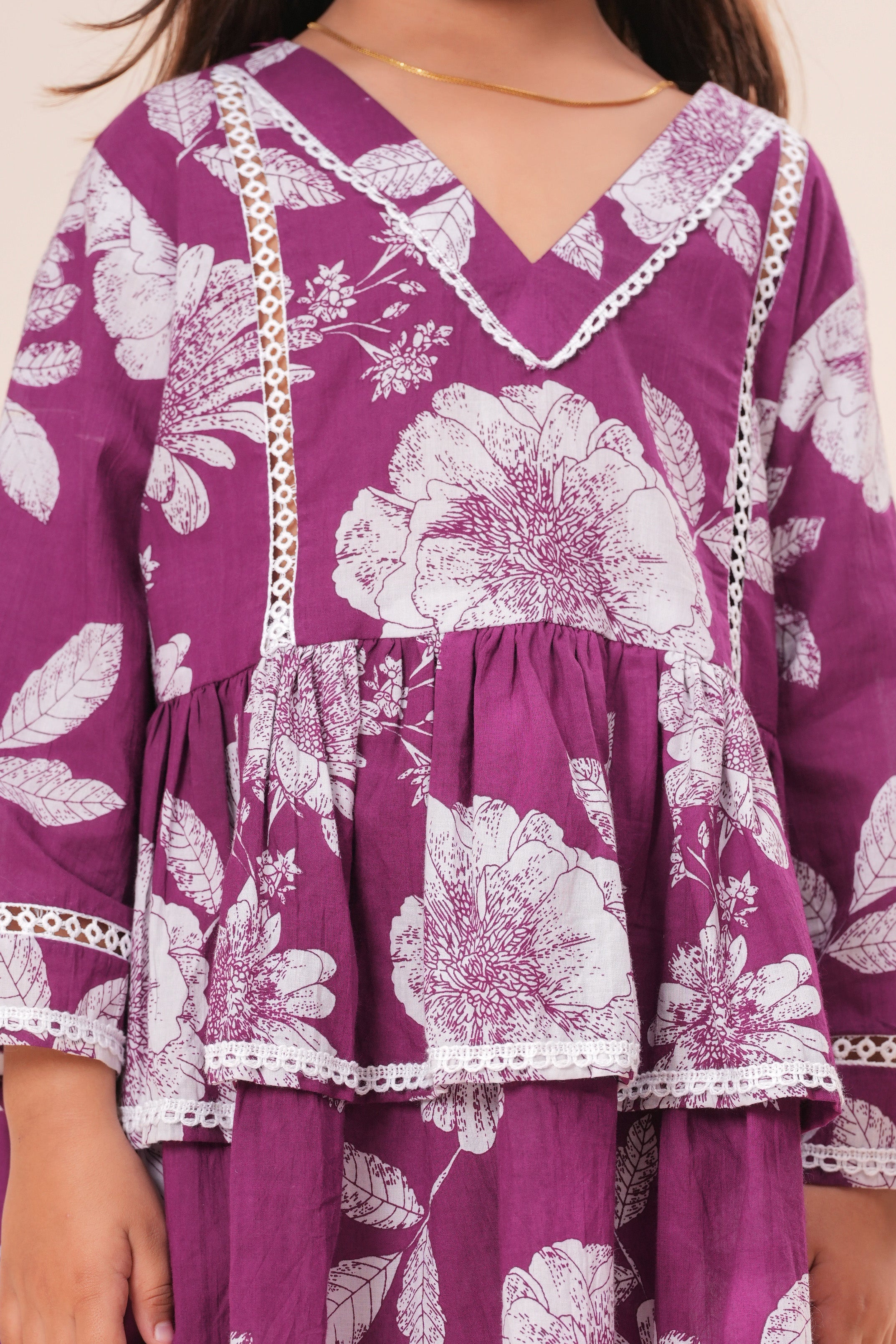 Girls Kids Pure Cotton Full Sleeves Top with Pant Set | Floral Printed V-Neck Co-Ord Set | Soft Breathable Top and Bottom Outfit