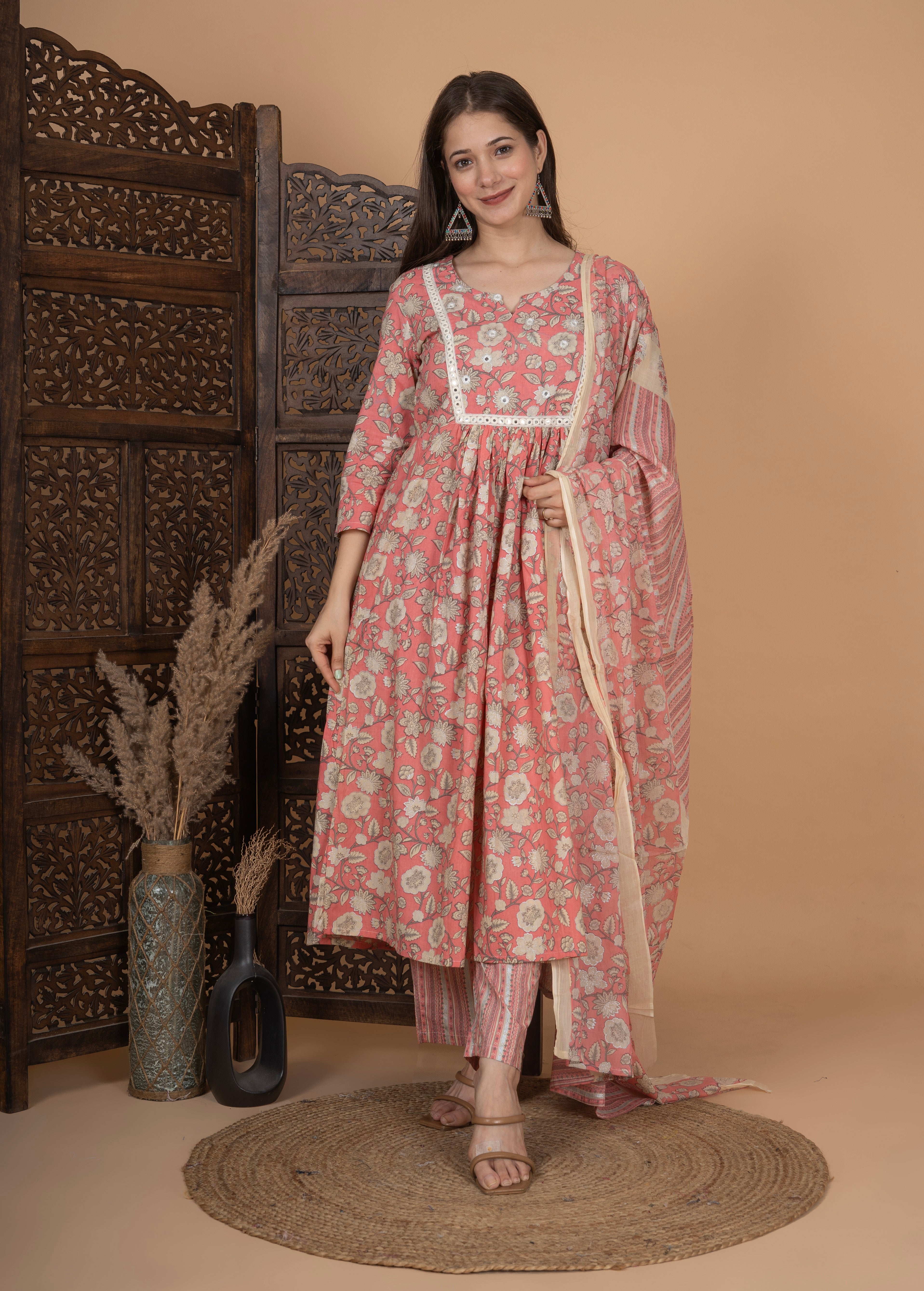 MEERA FAB Women's Cotton Printed Anarkali Kurta With Palazzo & Dupatta Set With Handwork