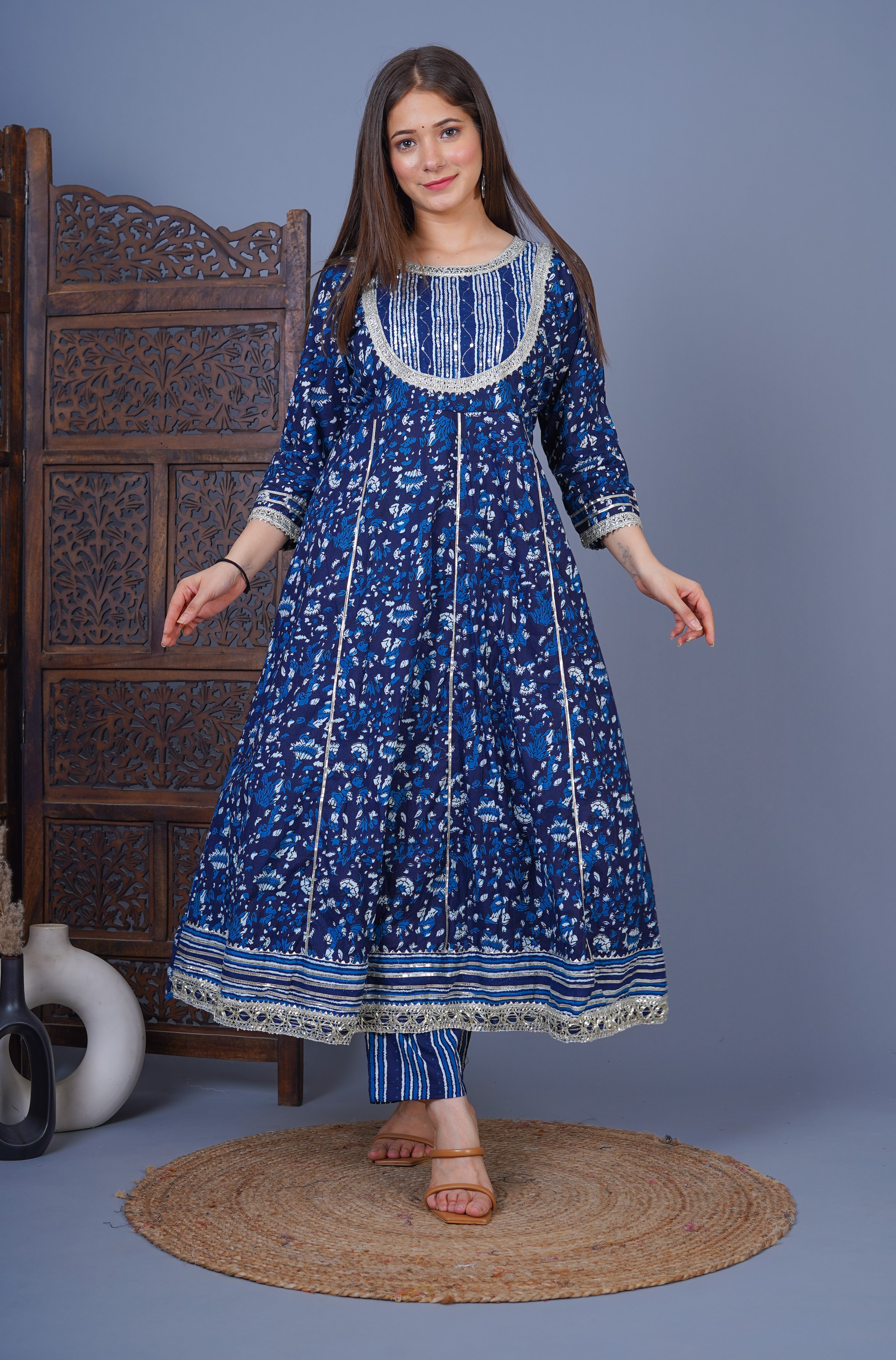 MEERA FAB Women's Cotton Floral Printed Blue Anarkali Kurta with Palazzo & Dupatta Set MF-230