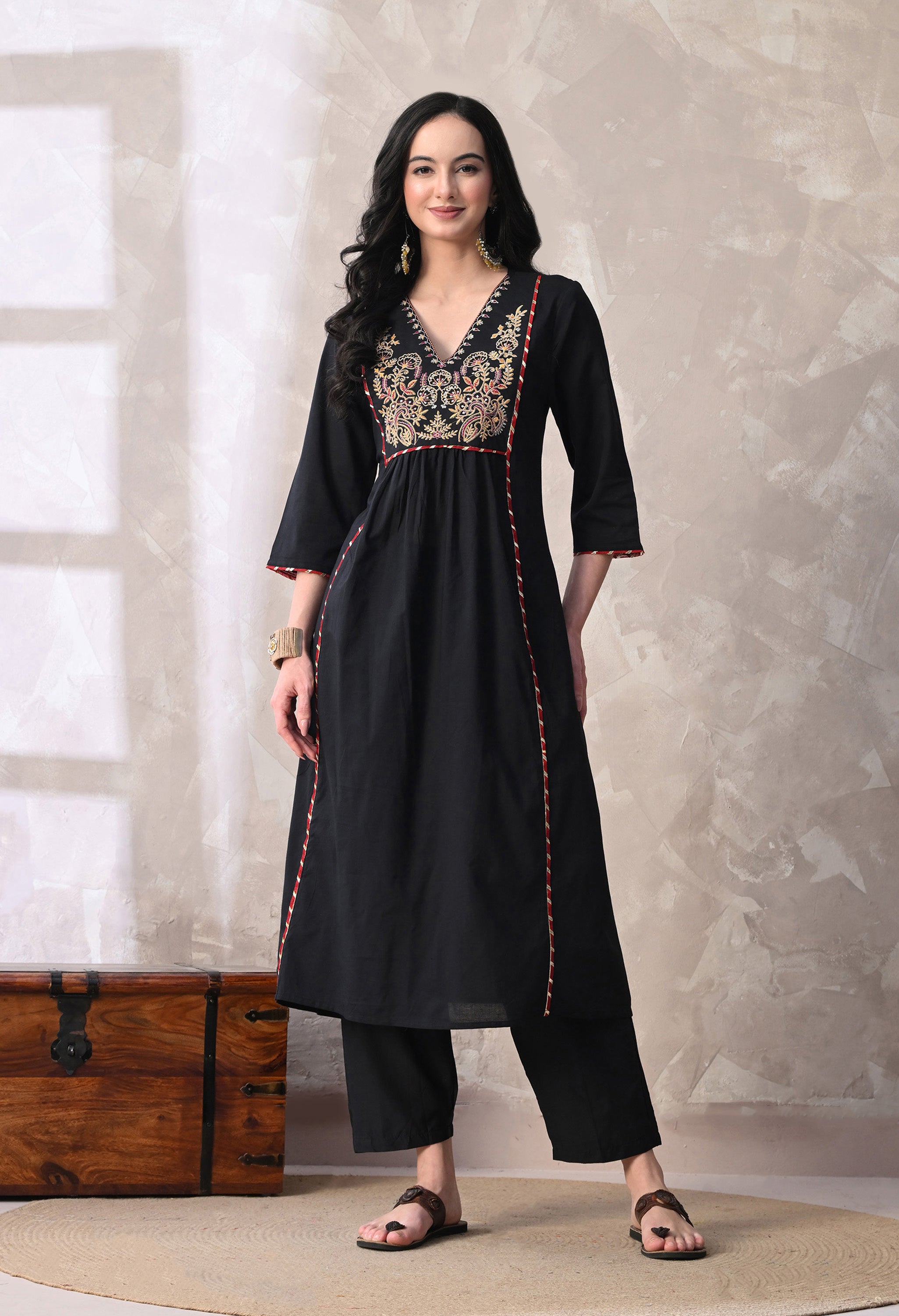 MEERA FAB Women's Cotton Anarkali Kurta with Palazzo and Dupatta, Embroidered Yoke, 3-Piece Set