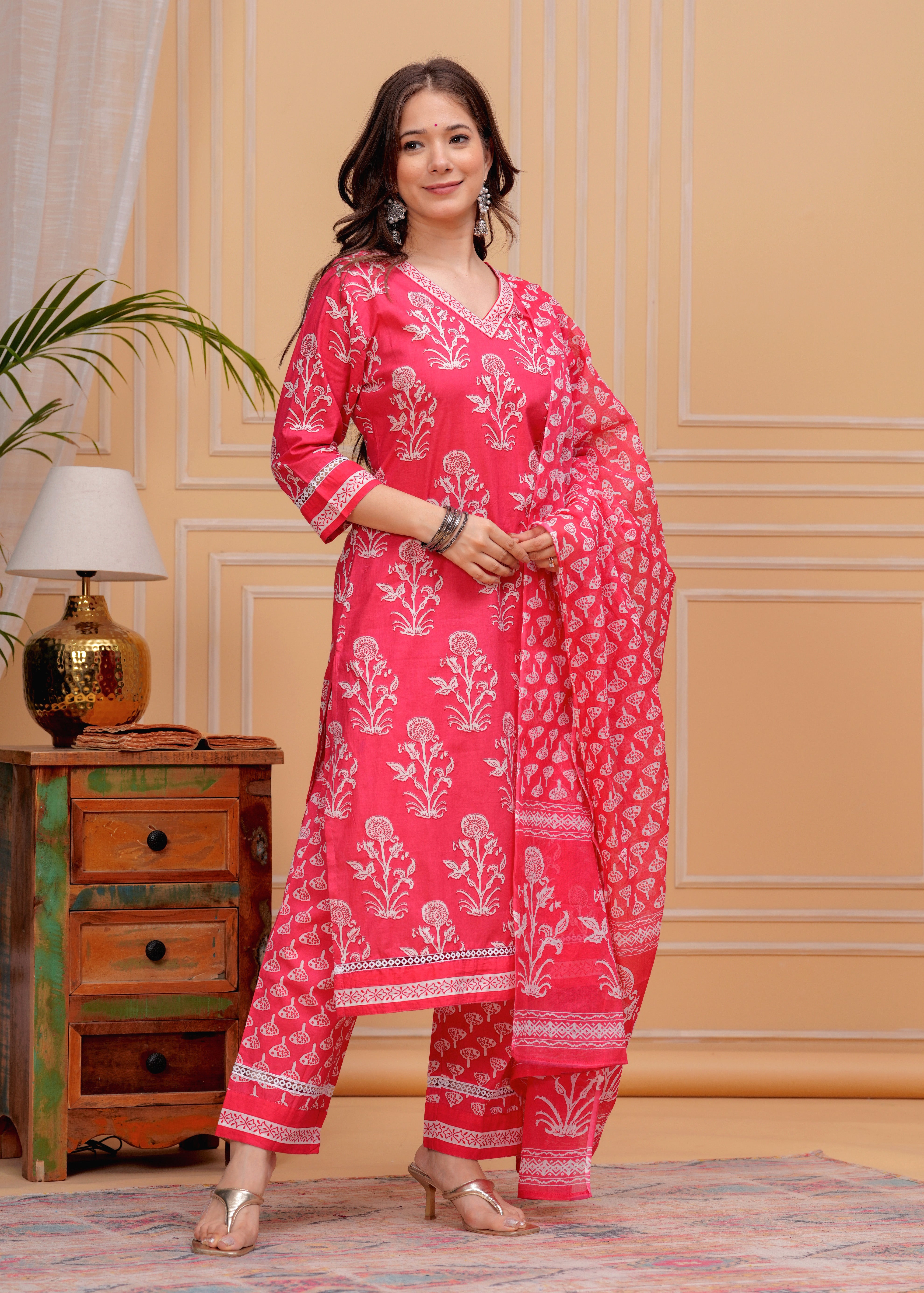 MEERA FAB Women's Cotton Blend Straight Printed Kurta with Palazzo & Dupatta