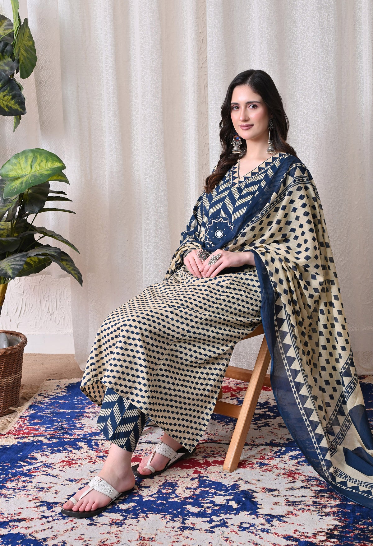MEERA FAB Women Printed Regular Pure Cotton Straight Embroidery Kurta with Palazzos & with Dupatta