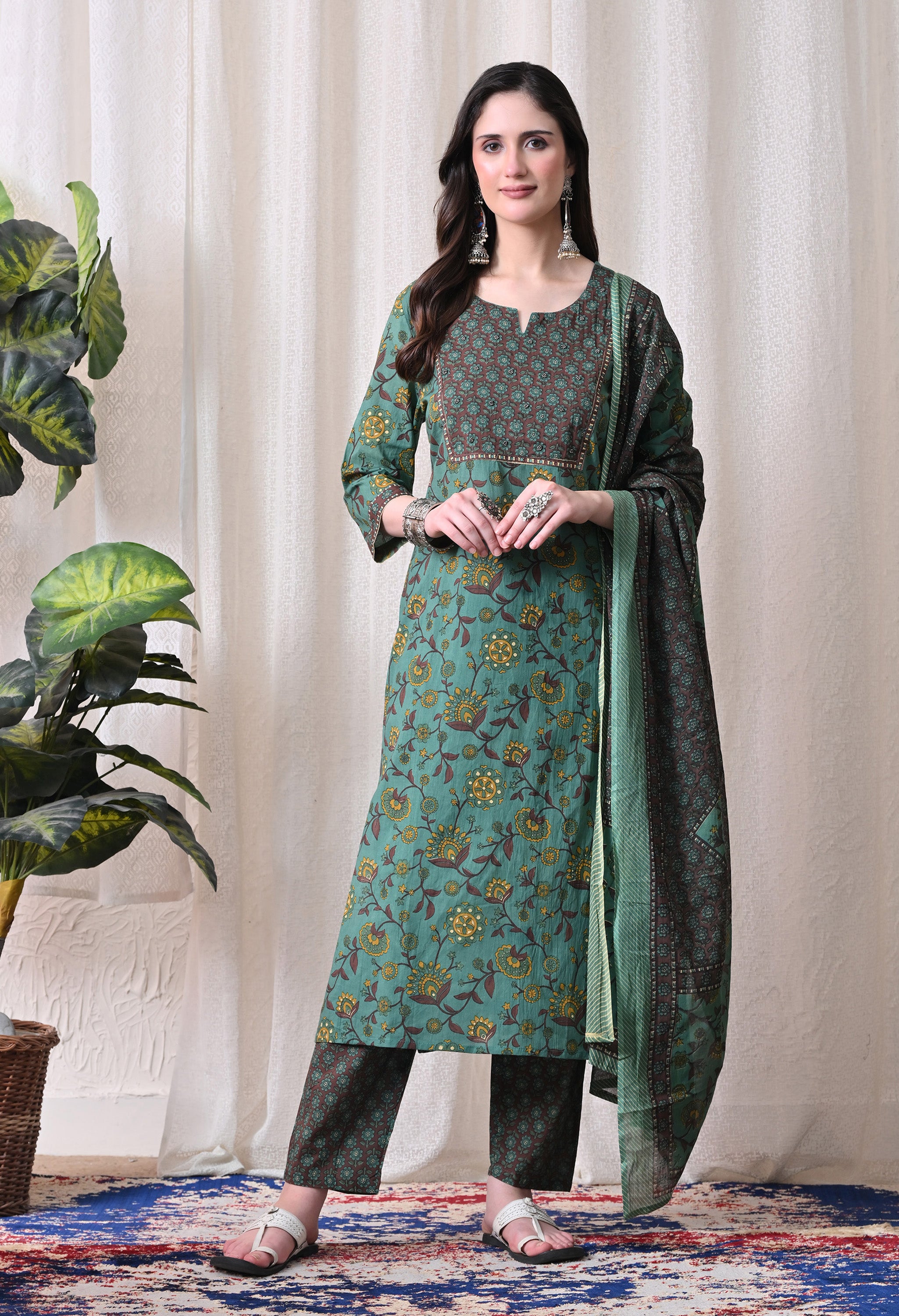 MEERA FAB Women Printed Regular Pure Cotton Straight Handwork Kurta with Palazzos & with Dupatta (Copy)