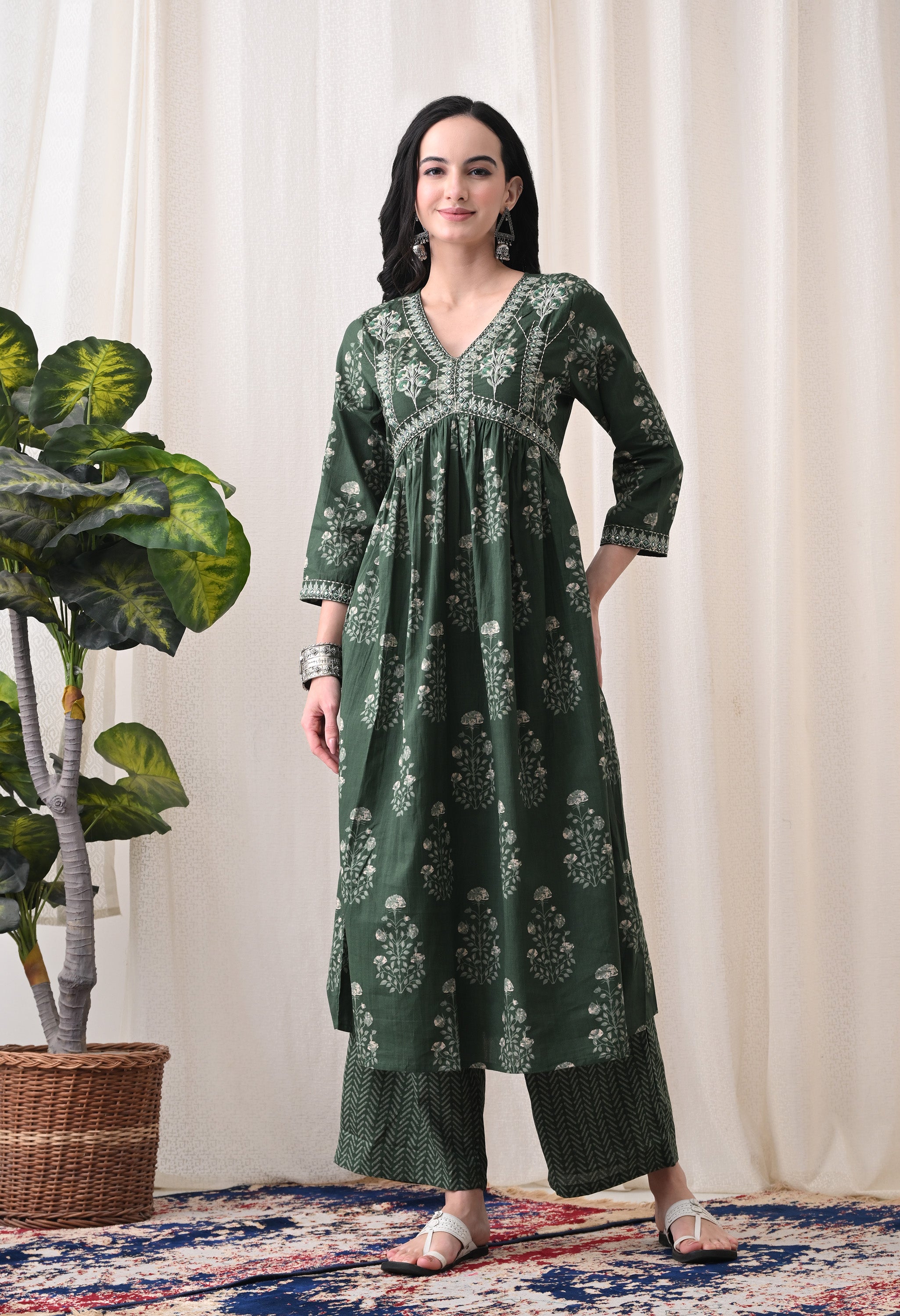 MEERA FAB Alia Cut Kurta Palazzo and Dupatta Set,Pure Cotton, with Embroidery, Block Print