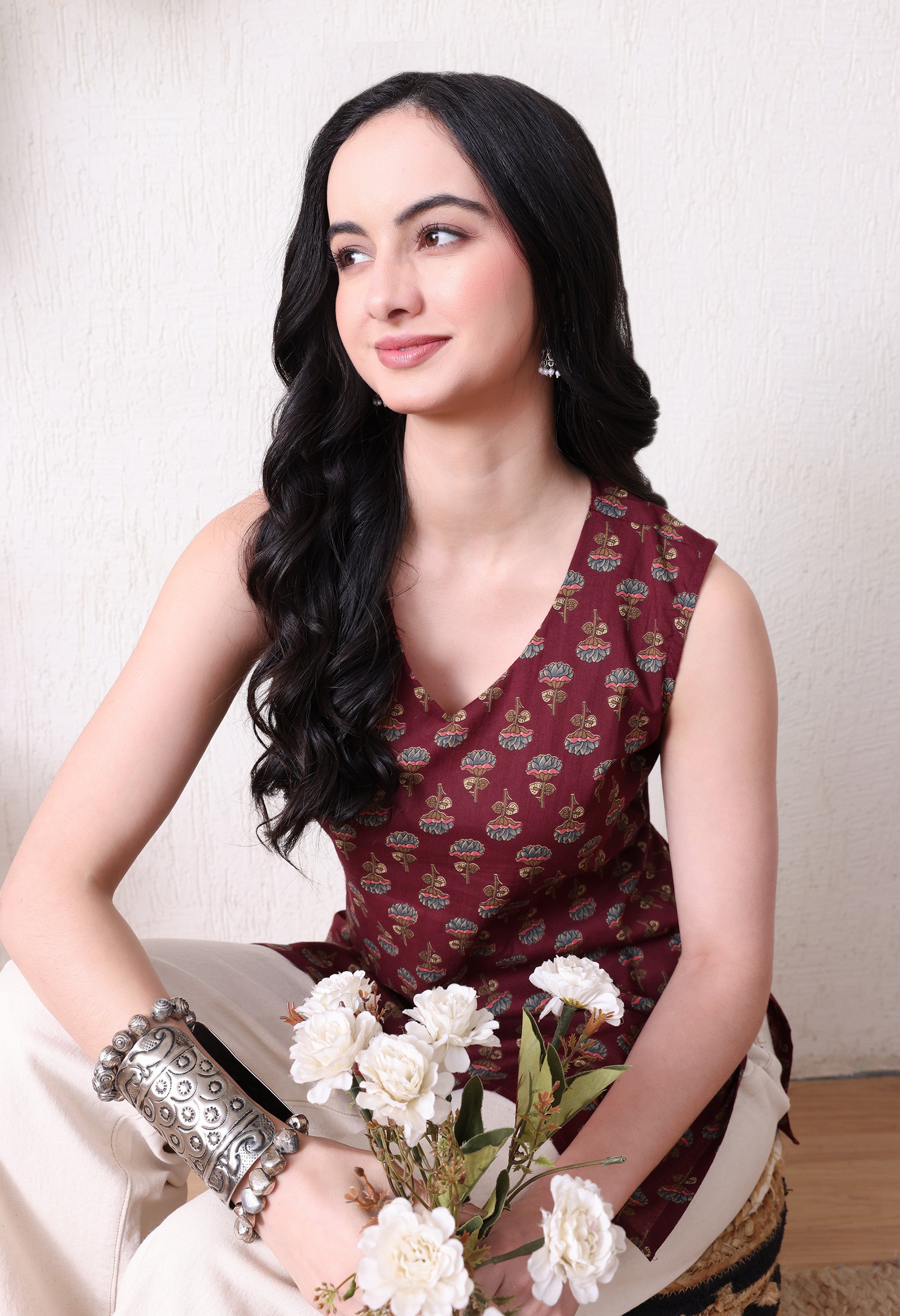 MEERA FAB Women's Floral Printed Cotton Short Top | Floral Booti Printed Top Cut Sleeves | Short Kurti for Women