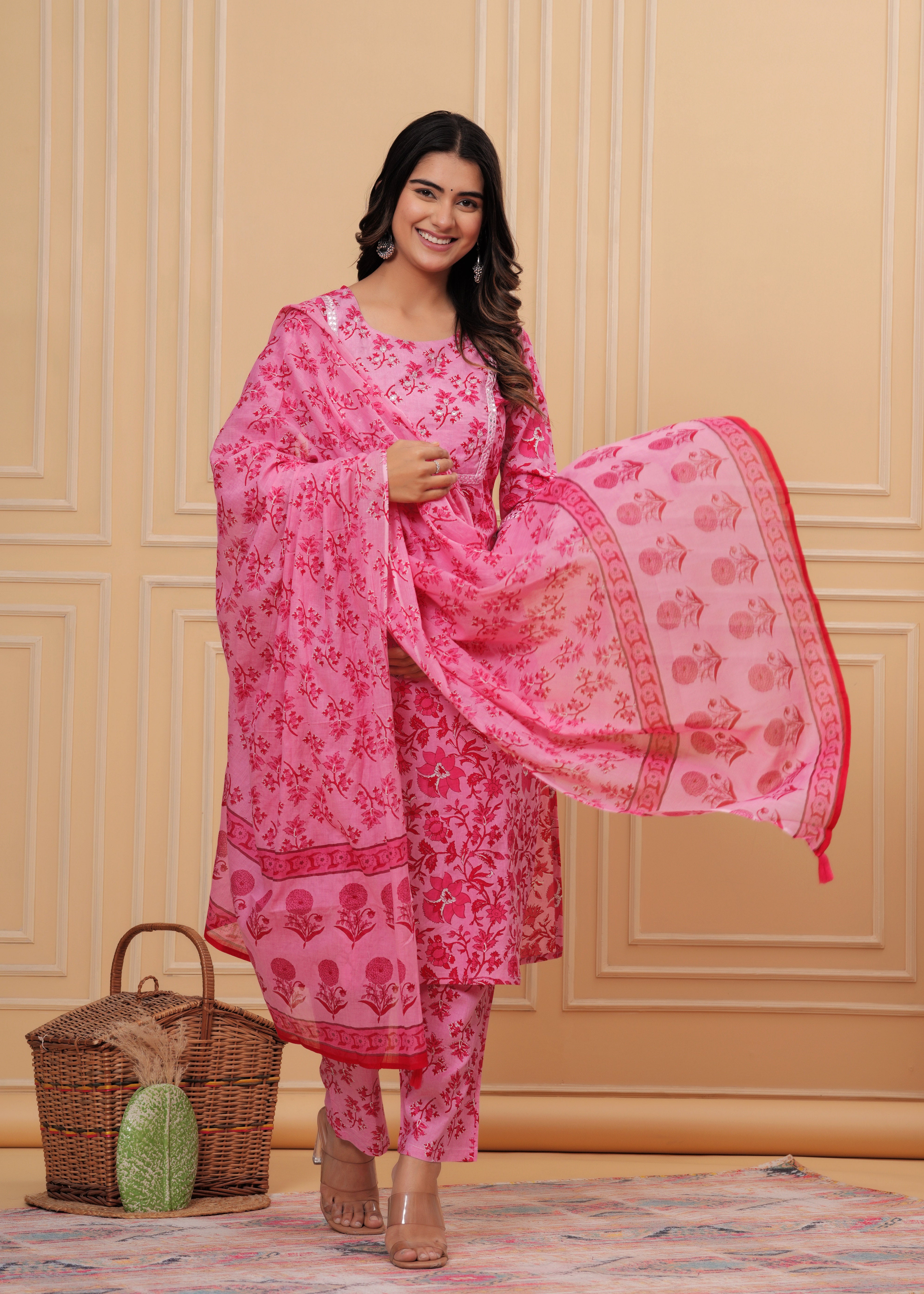 MEERA FAB Women's Cotton Printed Straight Kurta with Palazzo & Dupatta Set with Yoke