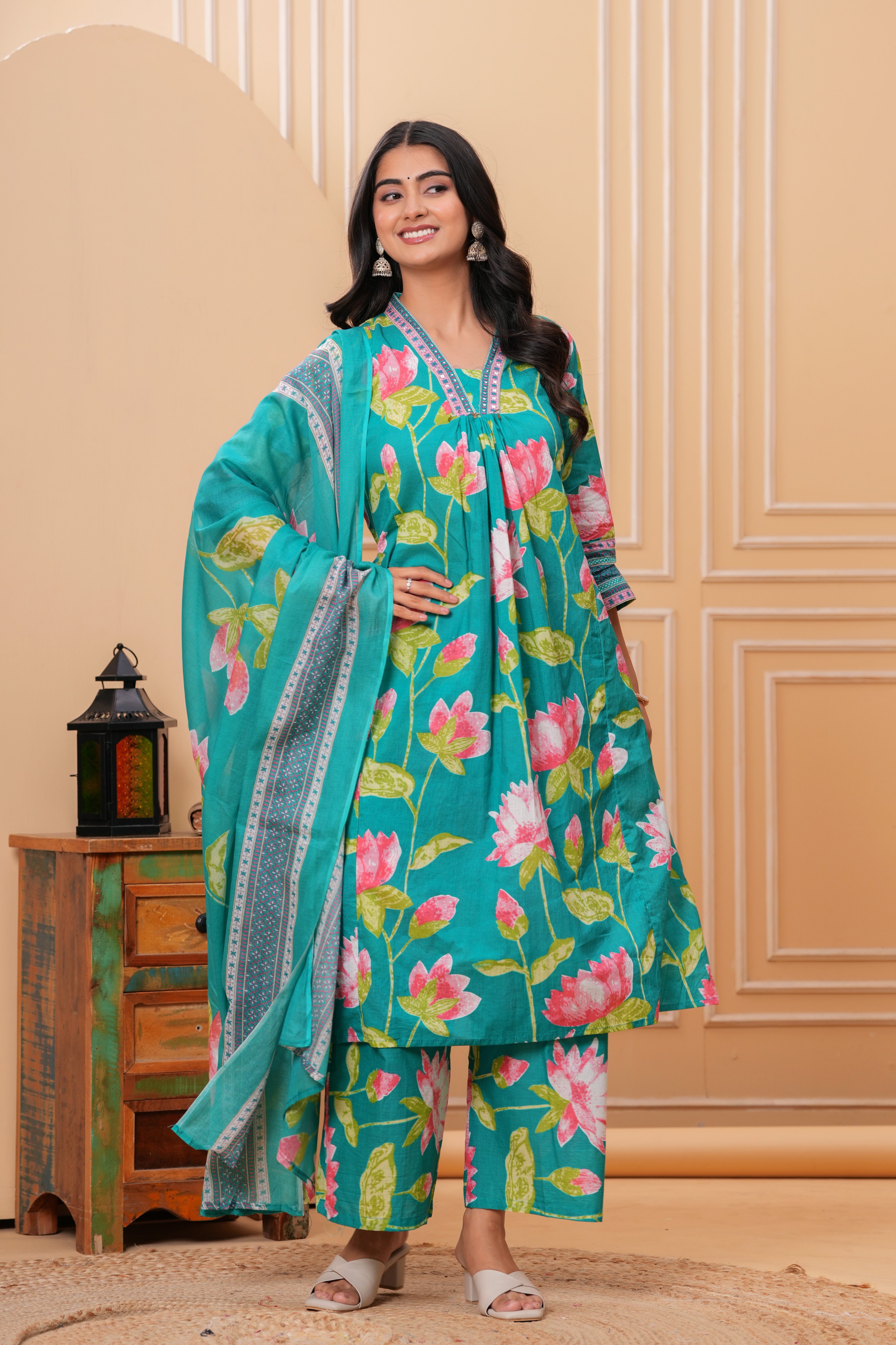 MEERA FAB Women's Pure Cotton Printed A-Line Kurta Set with Palazzo Pants & Dupatta