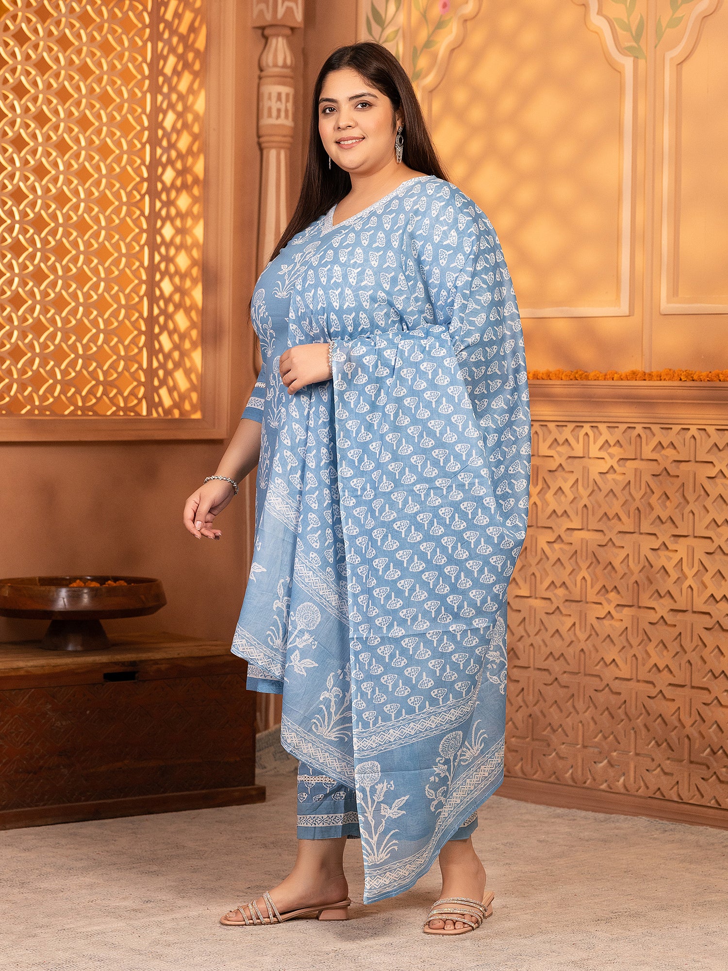 MEERA FAB Plus Size Women's Cotton Blend Straight Printed Kurta with Palazzo & Dupatta
