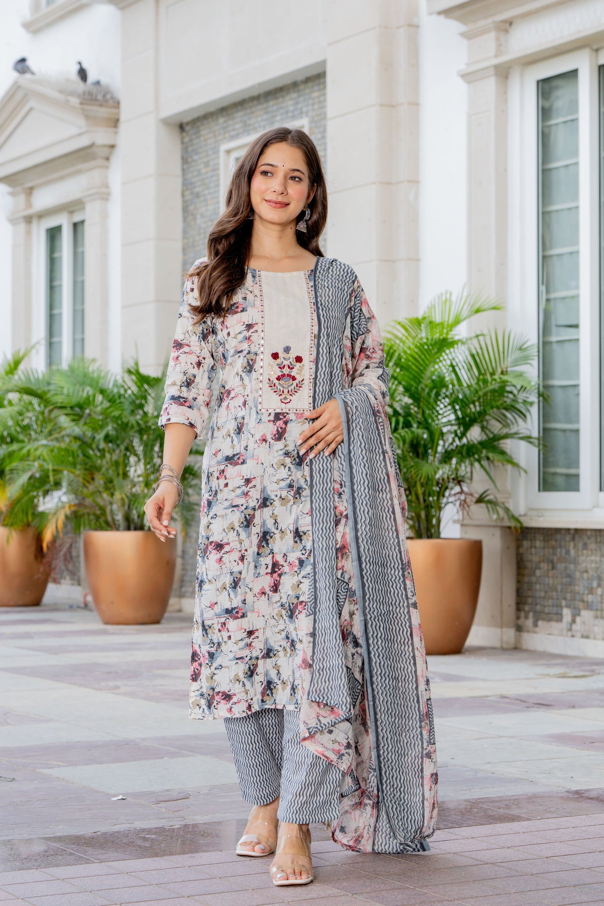 MEERA FAB Women Red Printed Regular Pure Cotton Anarkali Kurta with Palazzos & with Dupatta