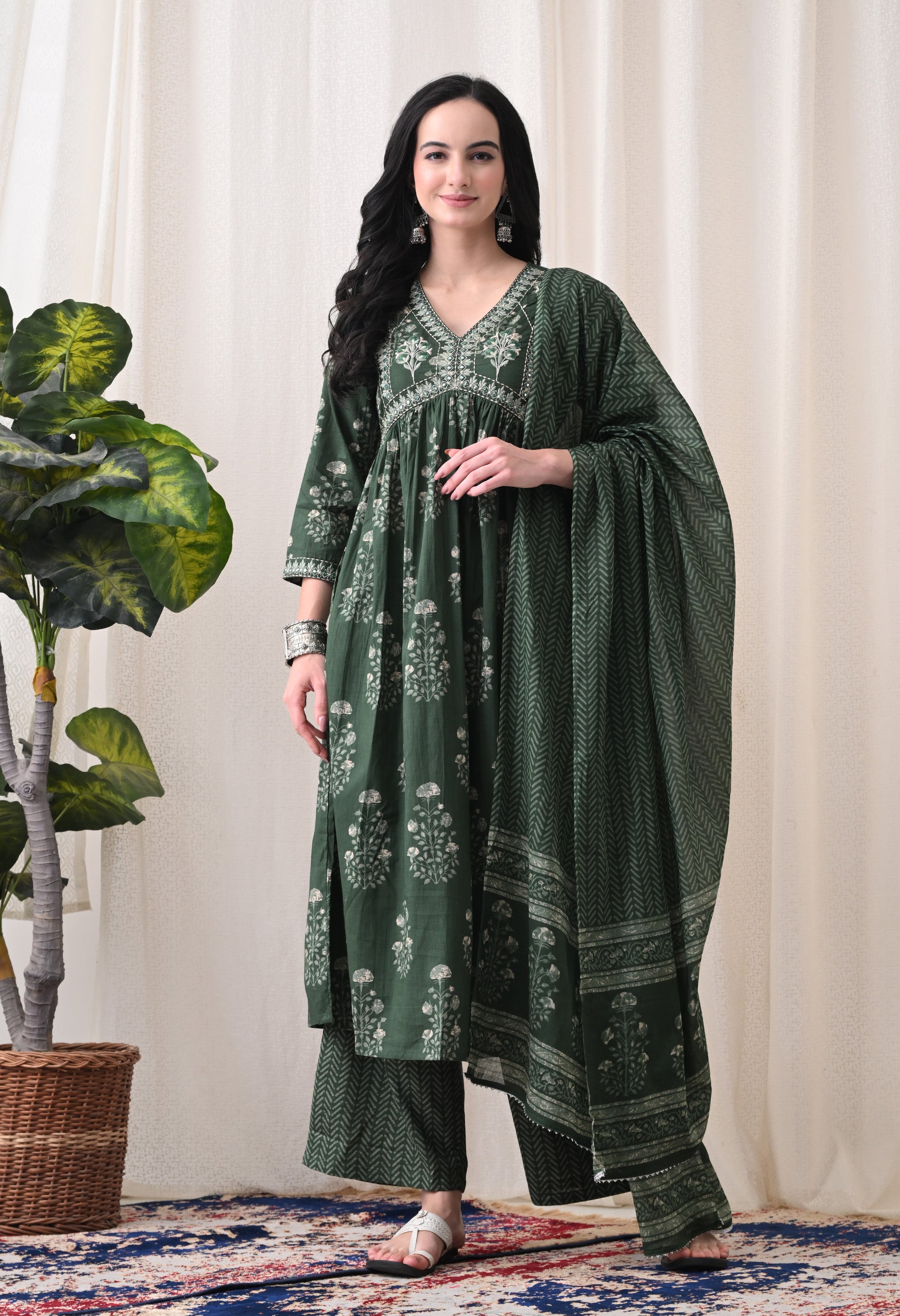 MEERA FAB Alia Cut Kurta Palazzo and Dupatta Set,Pure Cotton, with Embroidery, Block Print
