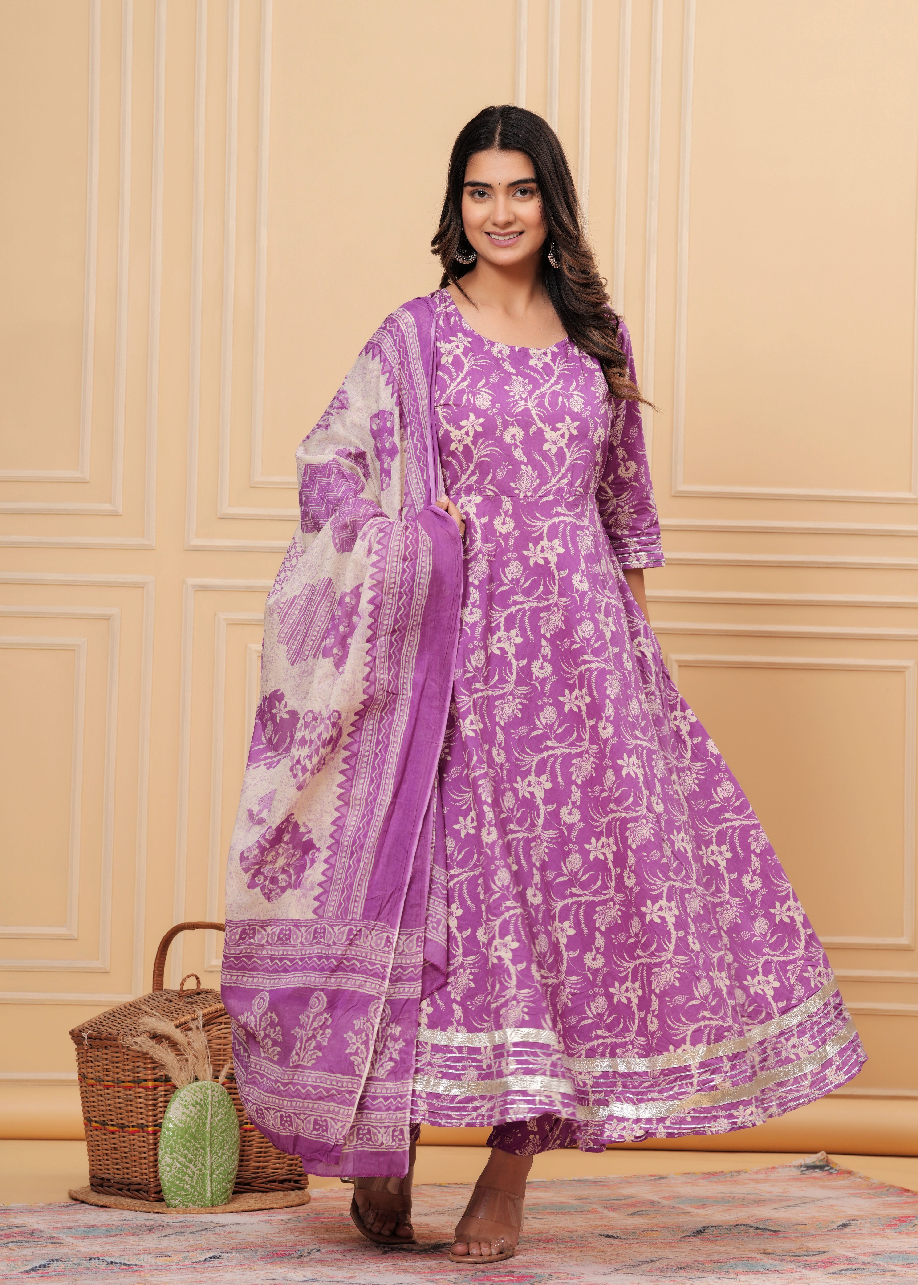 MEERA FAB Women's Cotton Printed Anarkali Kurta with Palazzo & Dupatta Set with Dori