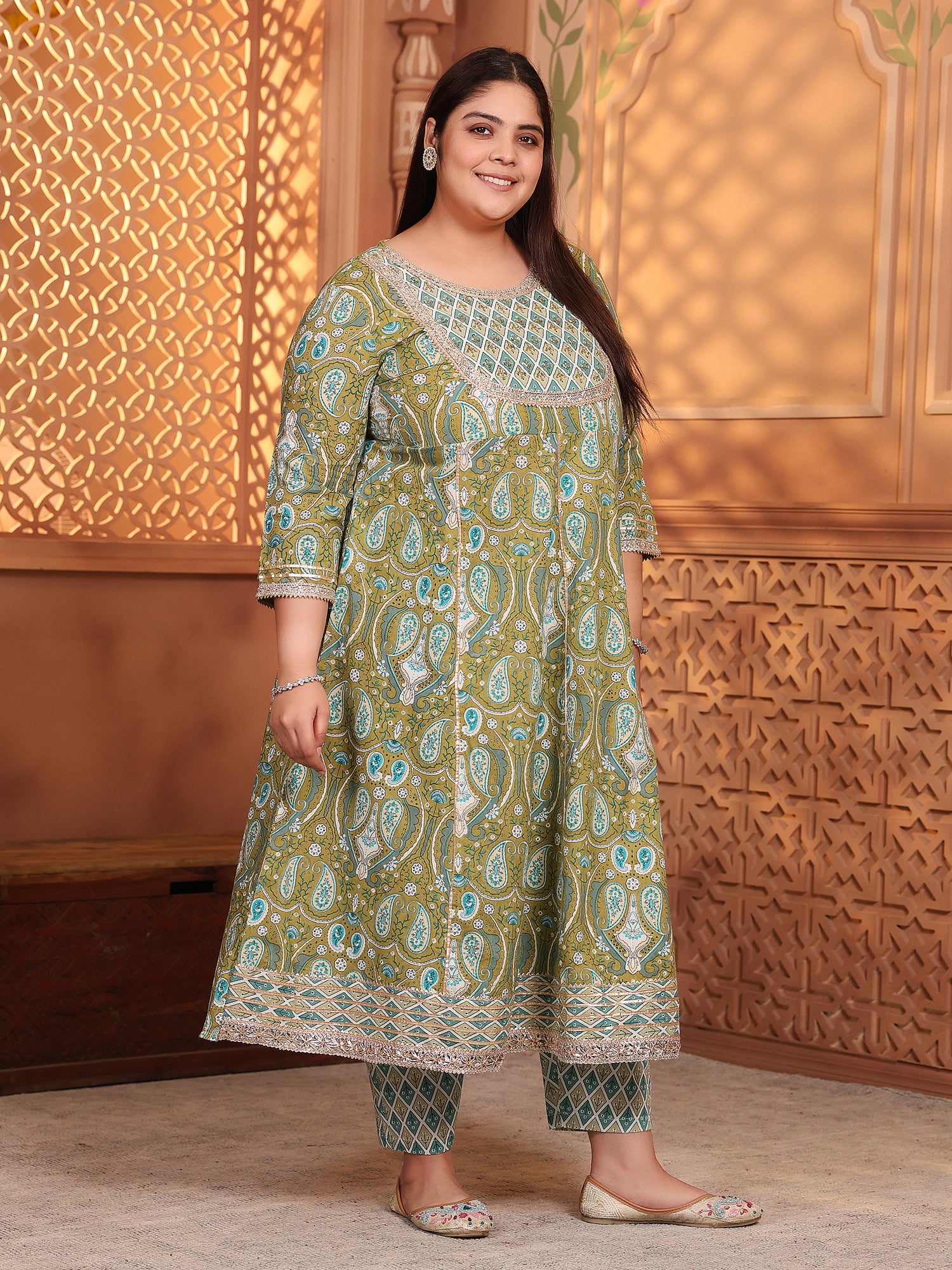MEERA FAB Plus Size Printed Pure Cotton Anarkali Handwork Kurta with Palazzos & Dupatta