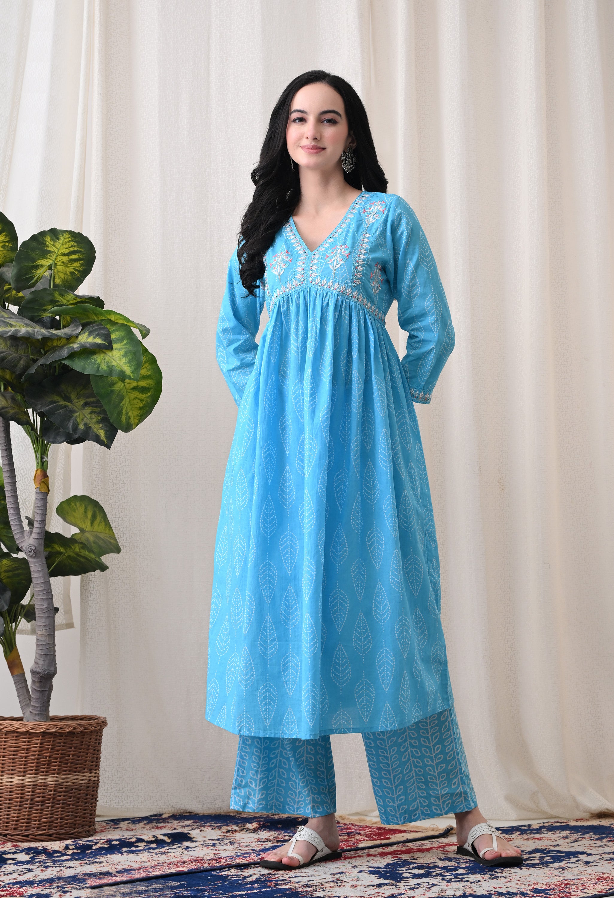 MEERA FAB Alia Cut Kurta Palazzo and Dupatta Set,Pure Cotton, with Embroidery, Block Print