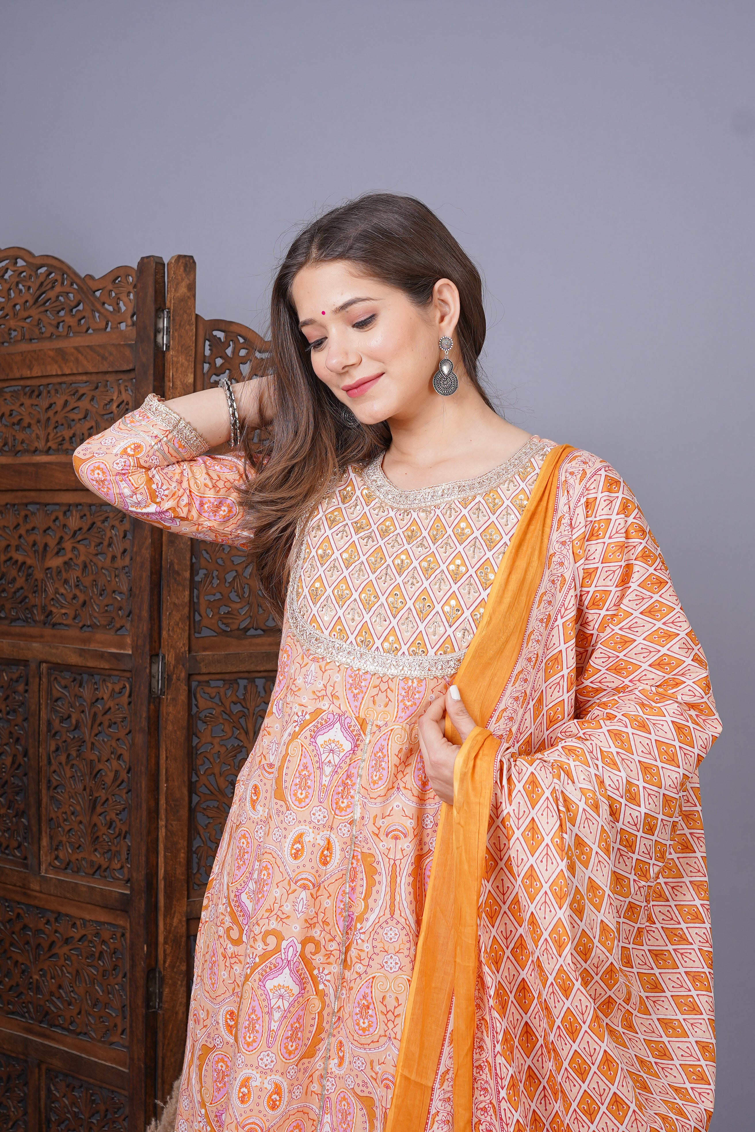 MEERA FAB Women's Cotton Printed Anarkali Kurta With Palazzo & Dupatta Set With Handwork