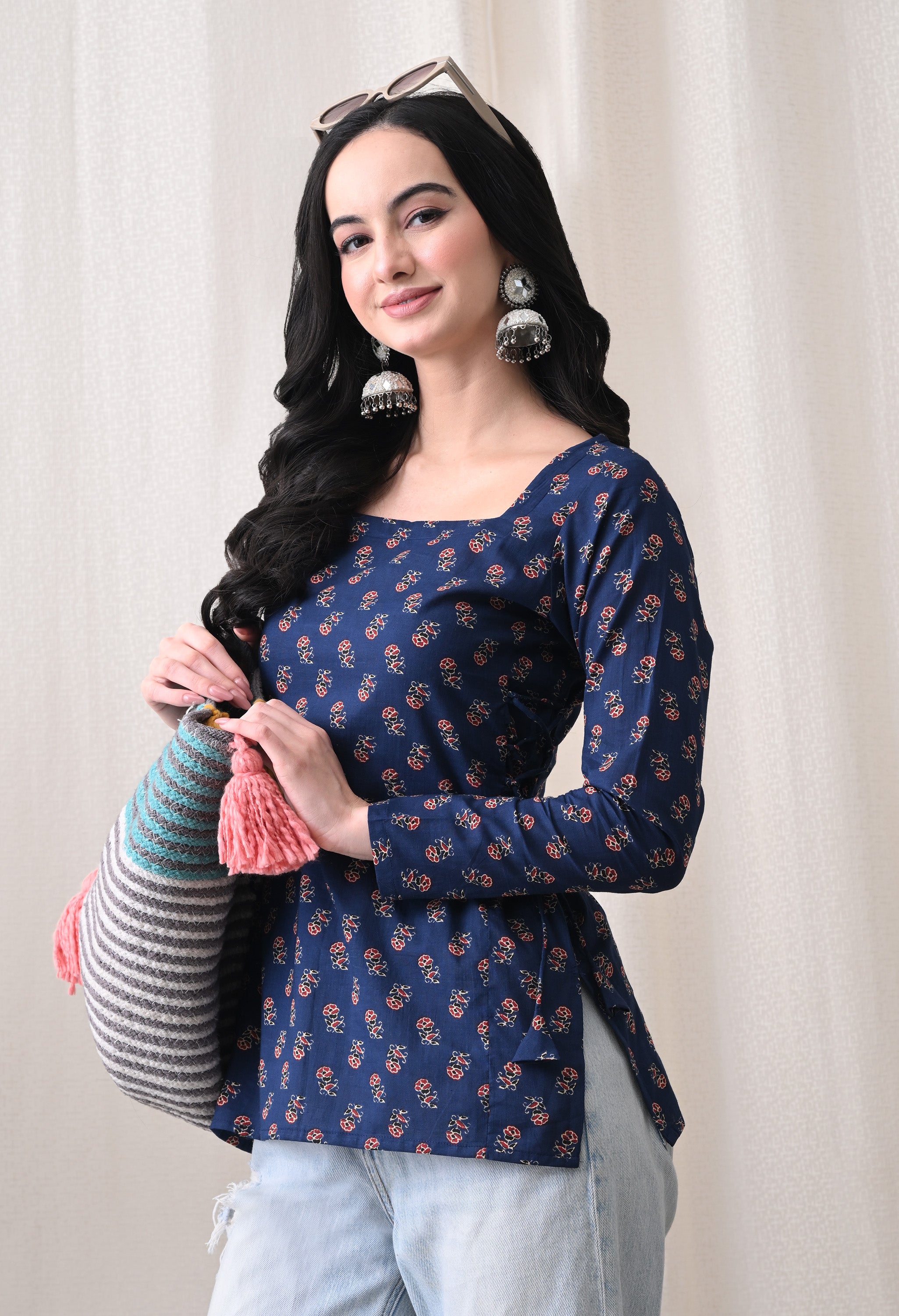 MEERA FAB Women's Floral Printed Cotton Short Kurta Square Neck | Floral Printed Kurta with Full Sleeves | Short Kurti for Women