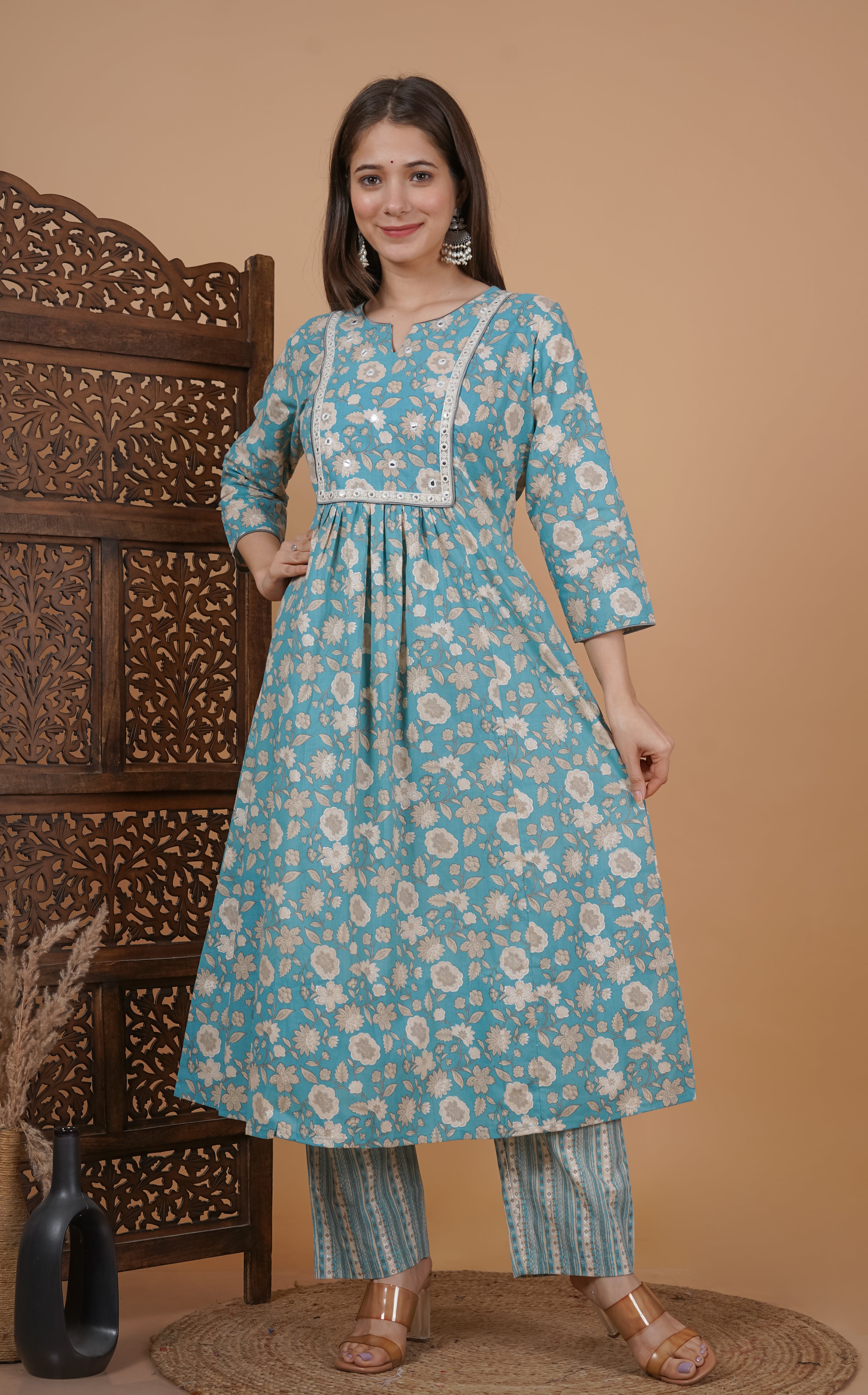 MEERA FAB Women's Cotton Printed Anarkali Kurta With Palazzo & Dupatta Set With Handwork