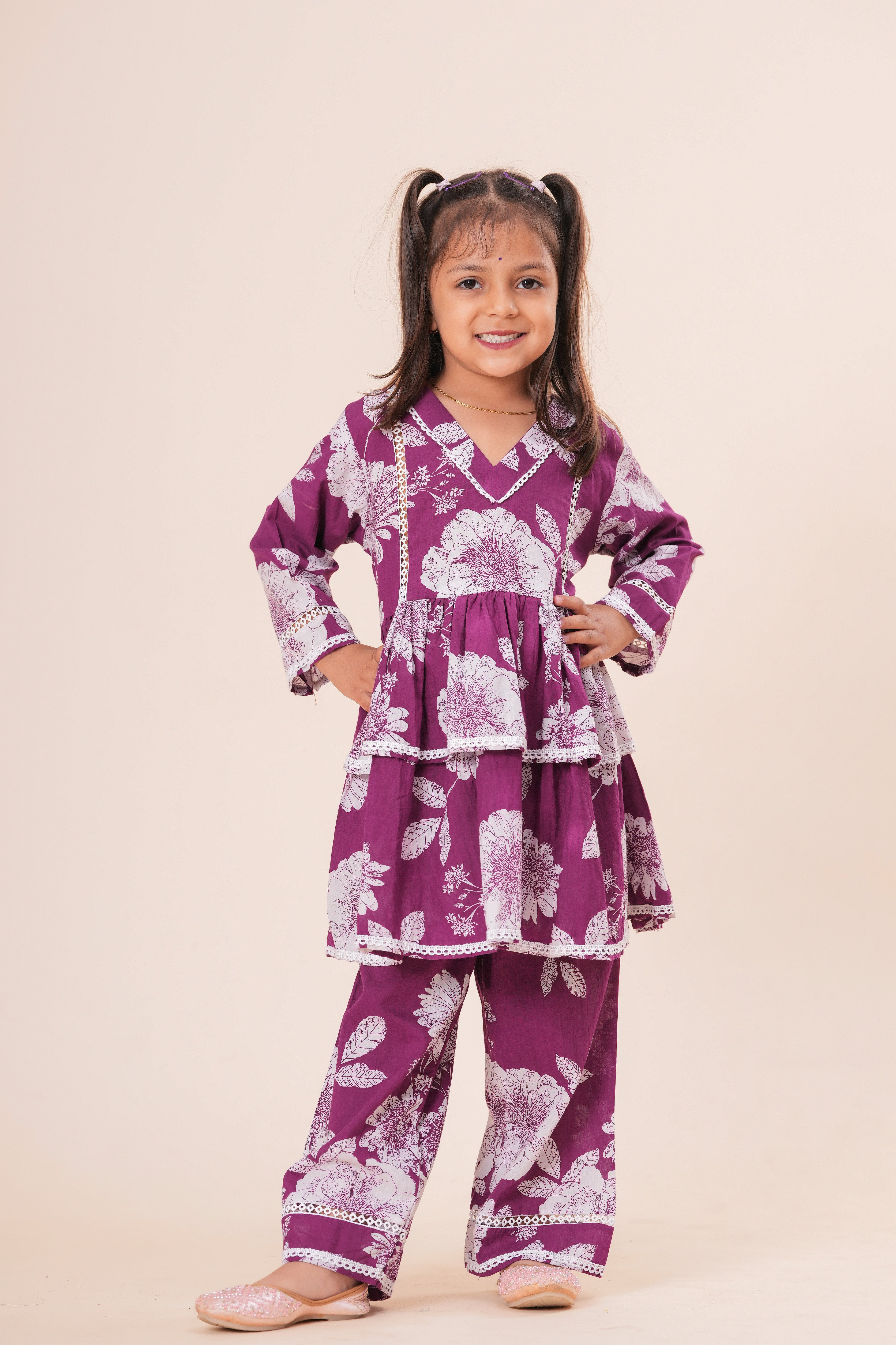 Girls Kids Pure Cotton Full Sleeves Top with Pant Set | Floral Printed V-Neck Co-Ord Set | Soft Breathable Top and Bottom Outfit