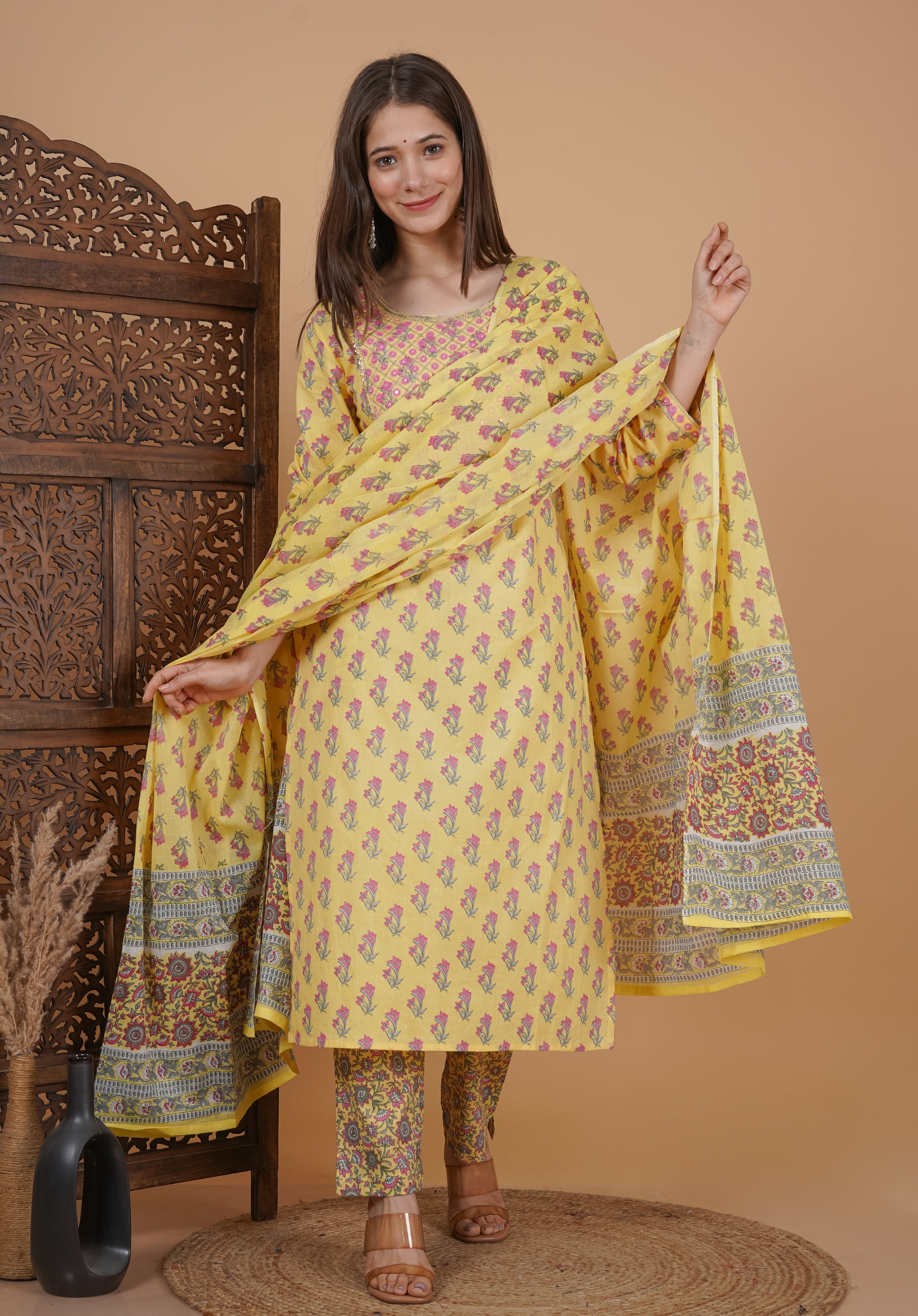 MEERA FAB Women's Cotton Printed Straight Embroidery Kurta with Palazzo & Dupatta Set