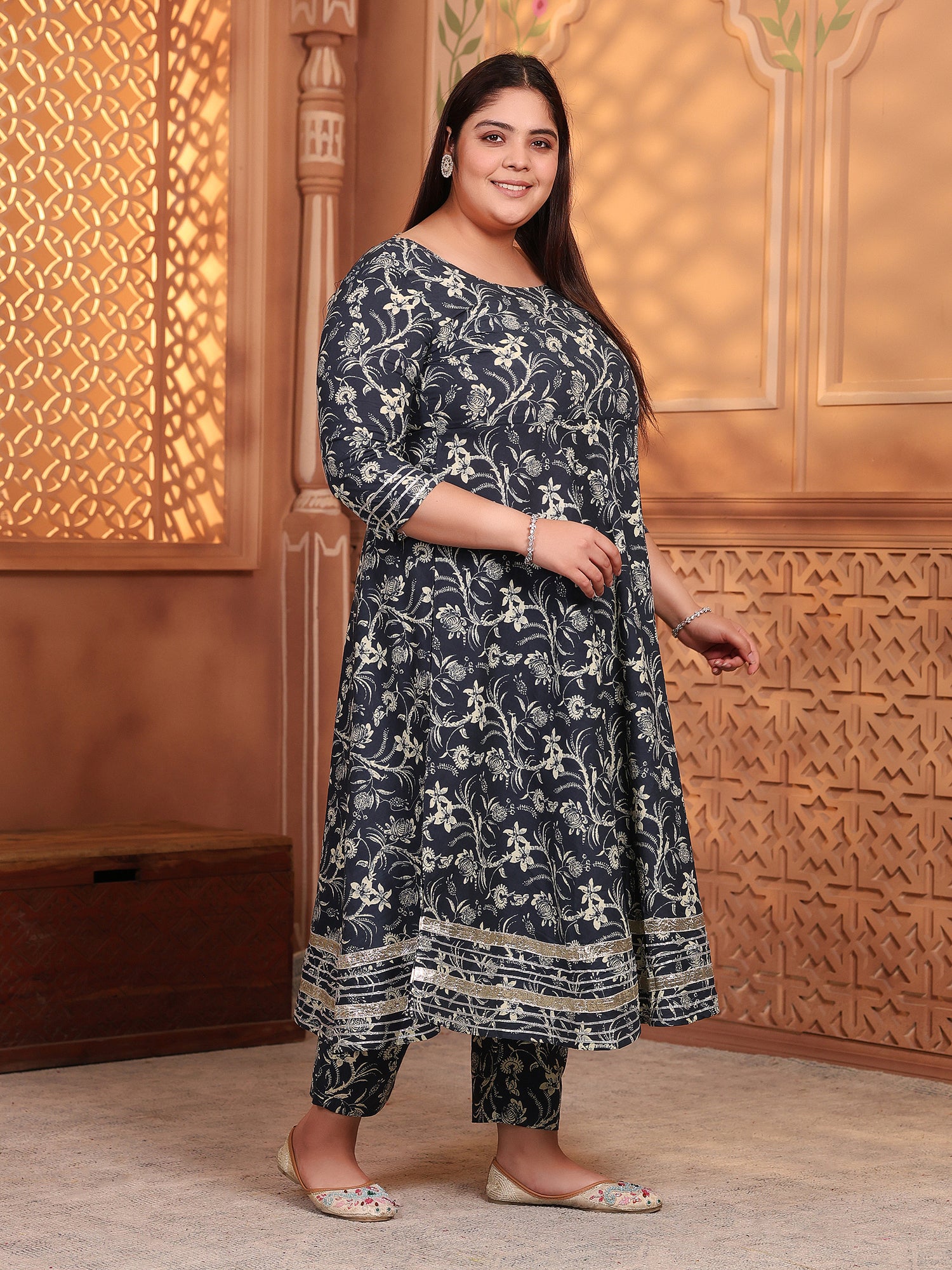 MEERA FAB Plus Size Women's Cotton Printed Anarkali Kurta with Palazzo & Dupatta Set with Dori