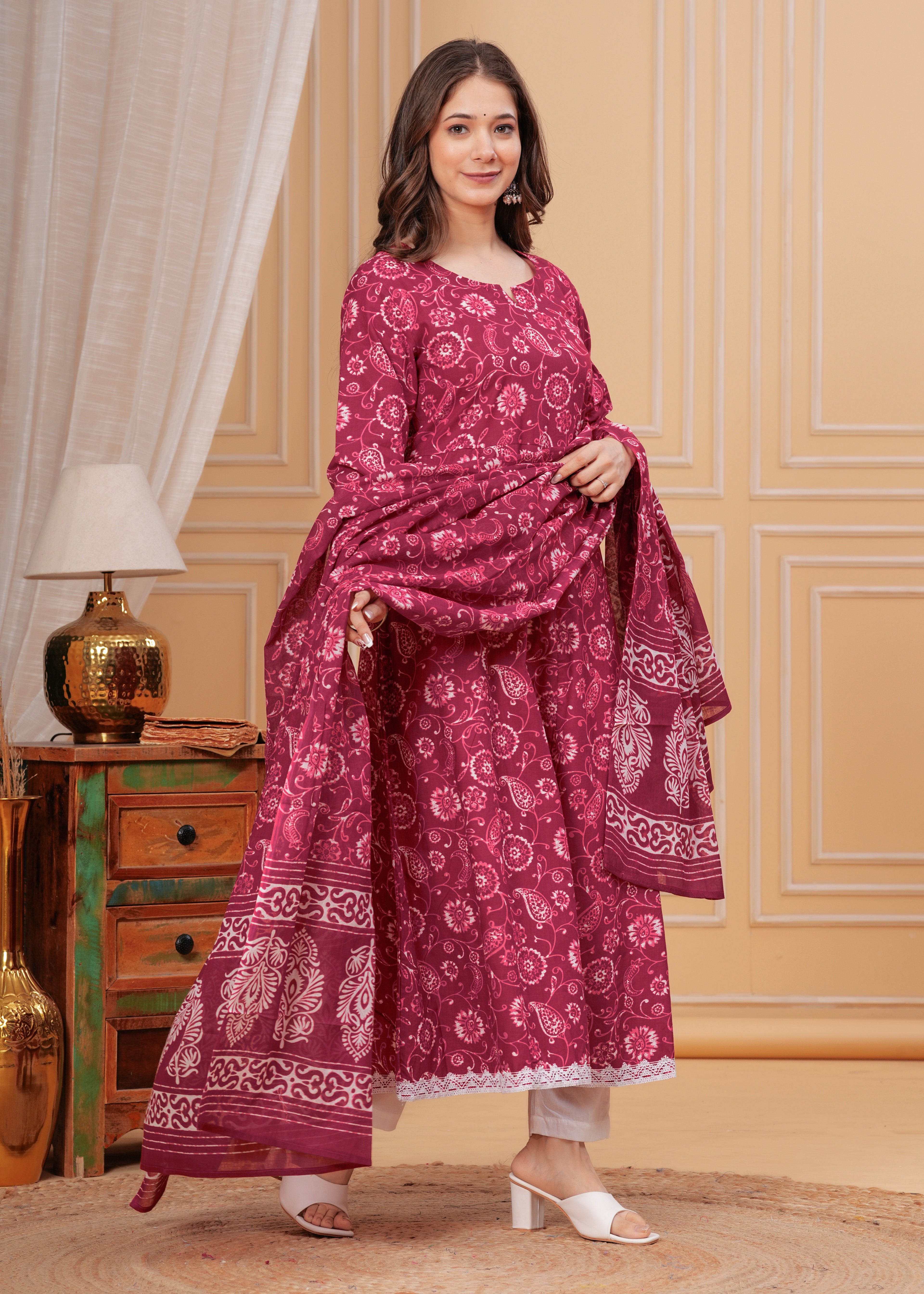MEERA FAB Women's Cotton Printed Anarkali Kurta with Palazzo & Dupatta Set
