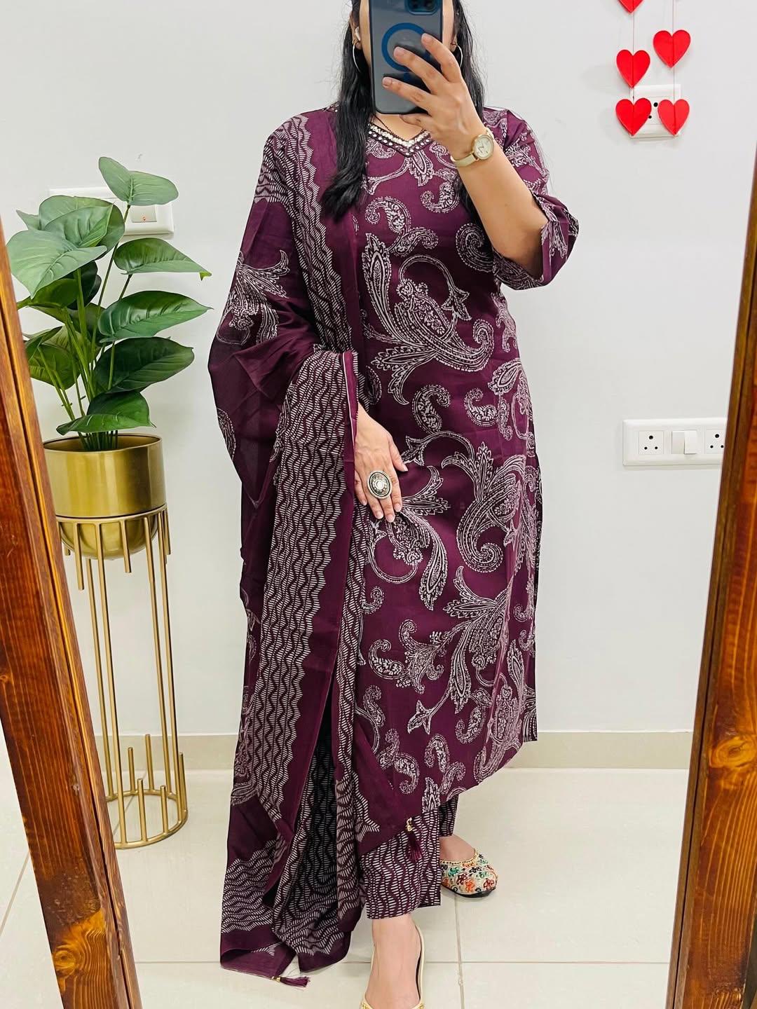 MEERA FAB Women Floral Printed Panelled Sequinned Pure Cotton Anarkali V-Neck Kurta with Trousers & Dupatta