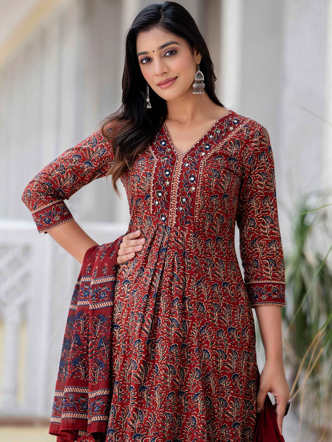 MEERA FAB Floral Printed Sequined Cotton Anarkali Kurta With Palazzos & Dupatta | Sanganeri Print