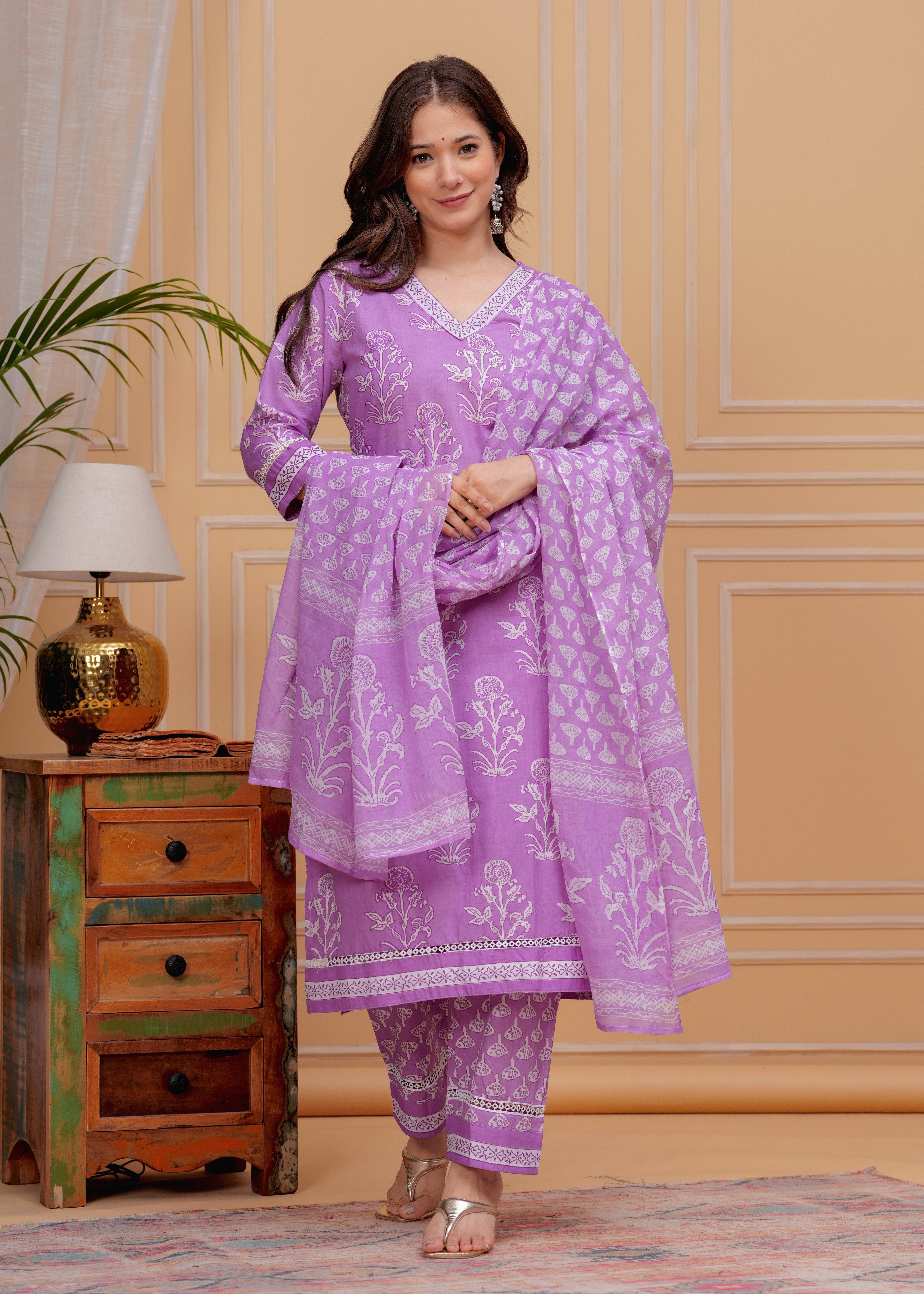 MEERA FAB Women's Cotton Blend Straight Printed Kurta with Palazzo & Dupatta