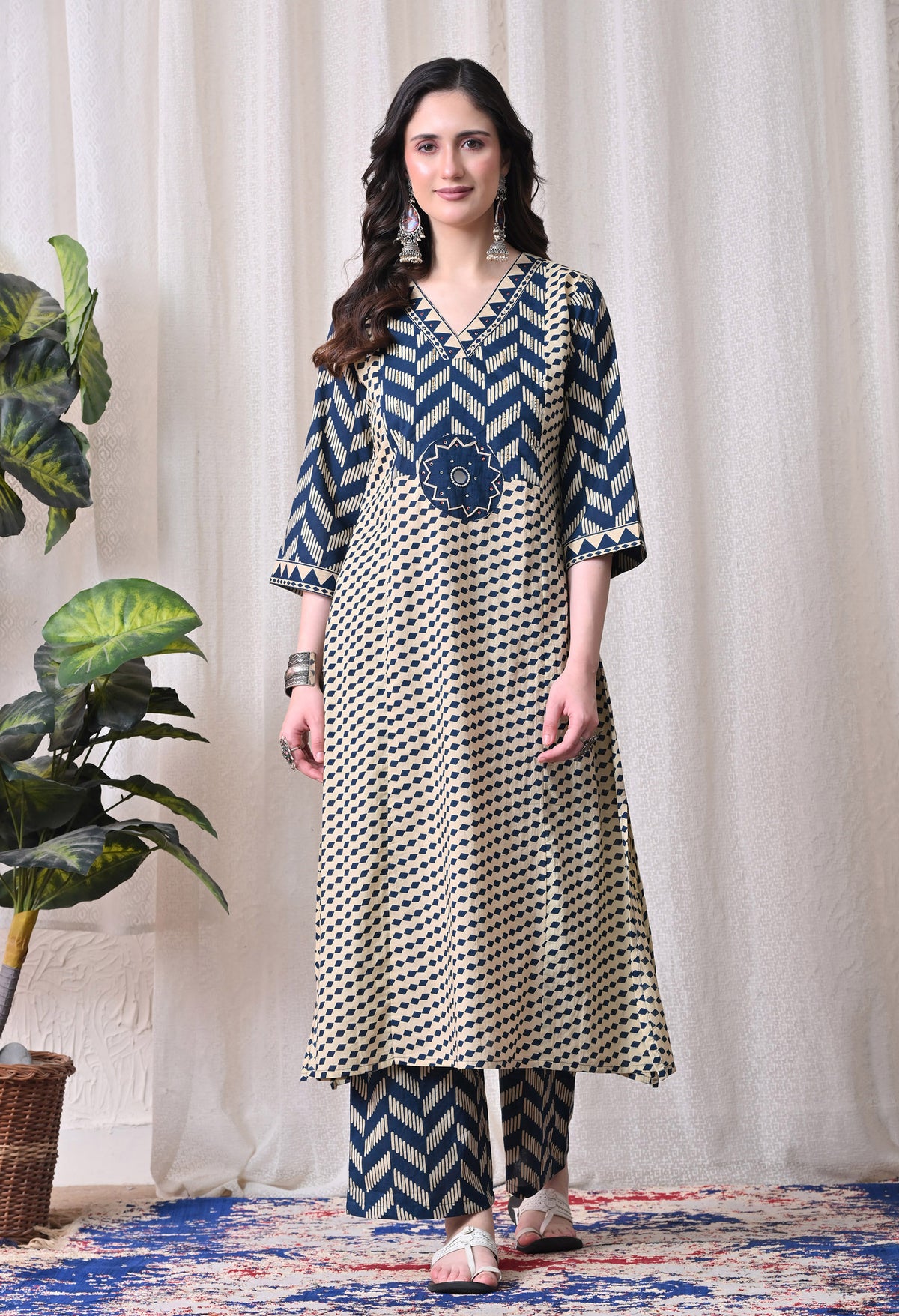MEERA FAB Women Printed Regular Pure Cotton Straight Embroidery Kurta with Palazzos & with Dupatta