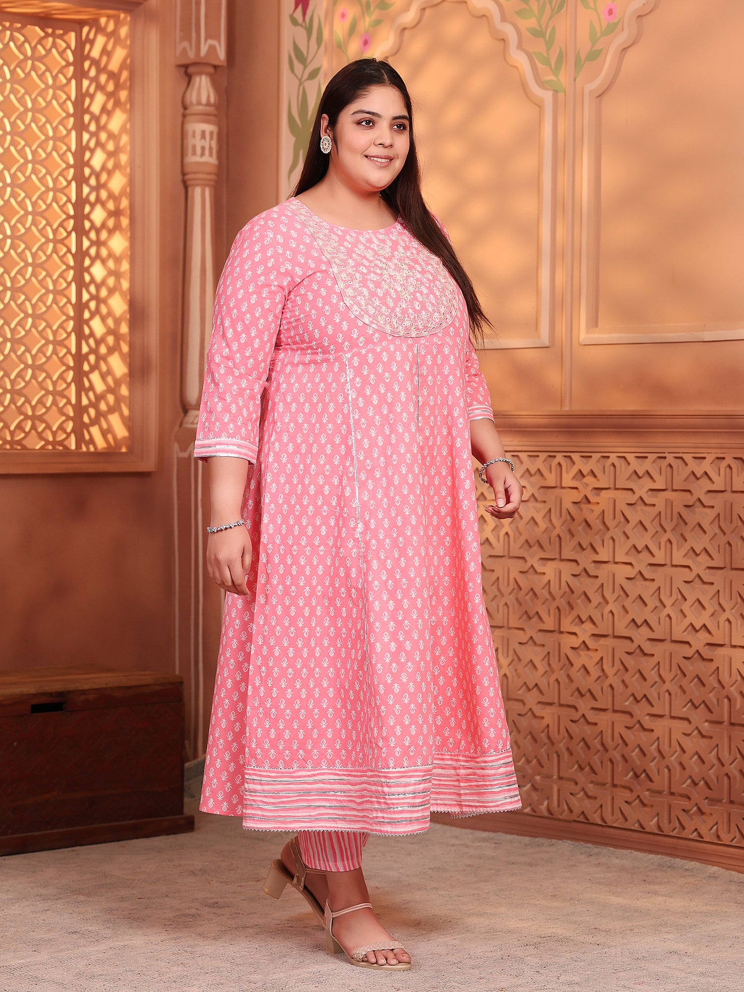 MEERA FAB Women's Pure Cotton Printed Anarkali Handwork Kurta with Palazzos & Dupatta